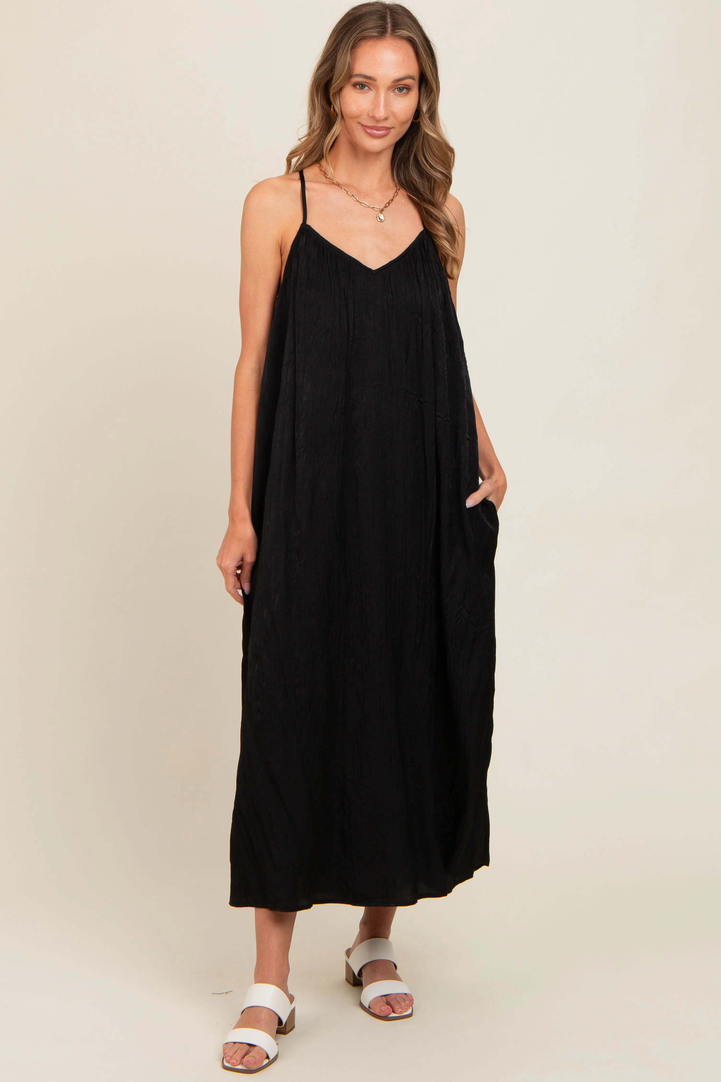 Black Crinkle V-Neck Cross Back Midi Dress sold by Pinkblush product image thumbnail 2