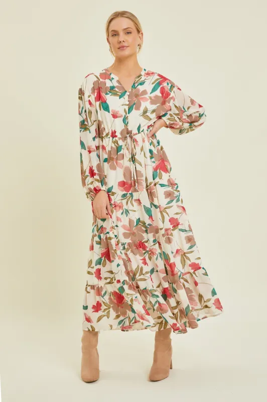 Ivory Floral Button Front Waist Tie Midi Dress sold by Pinkblush
