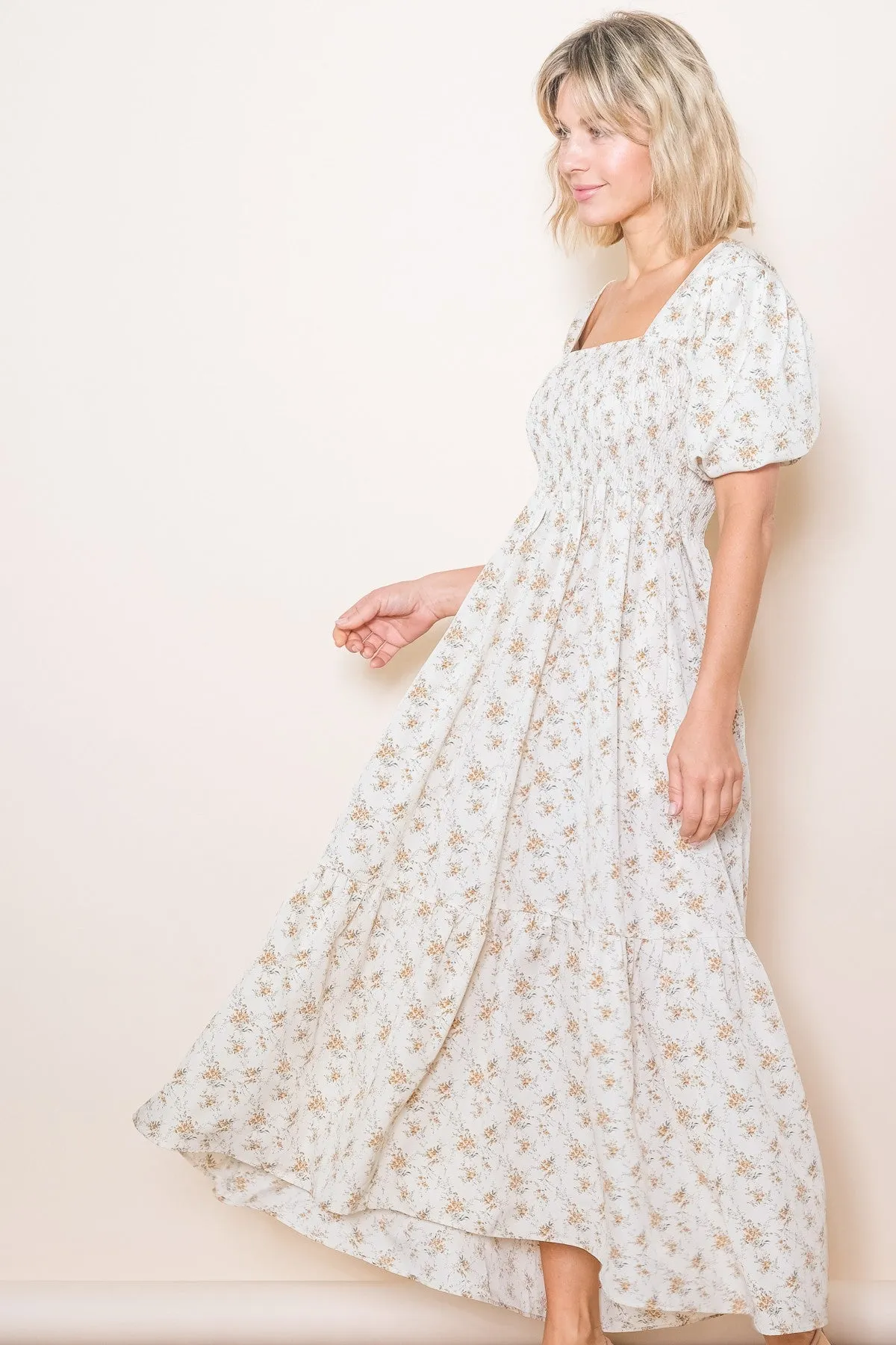 Cream Floral Smocked Square Neck Short Puff Sleeve Midi Dress sold by Pinkblush product image thumbnail 2