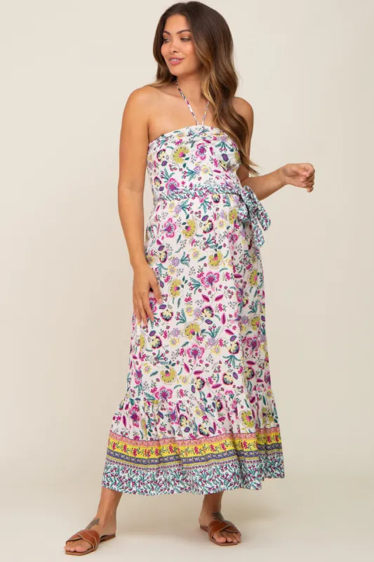 Multicolor Floral Halter Waist Tie Maternity Midi Dress sold by Pinkblush