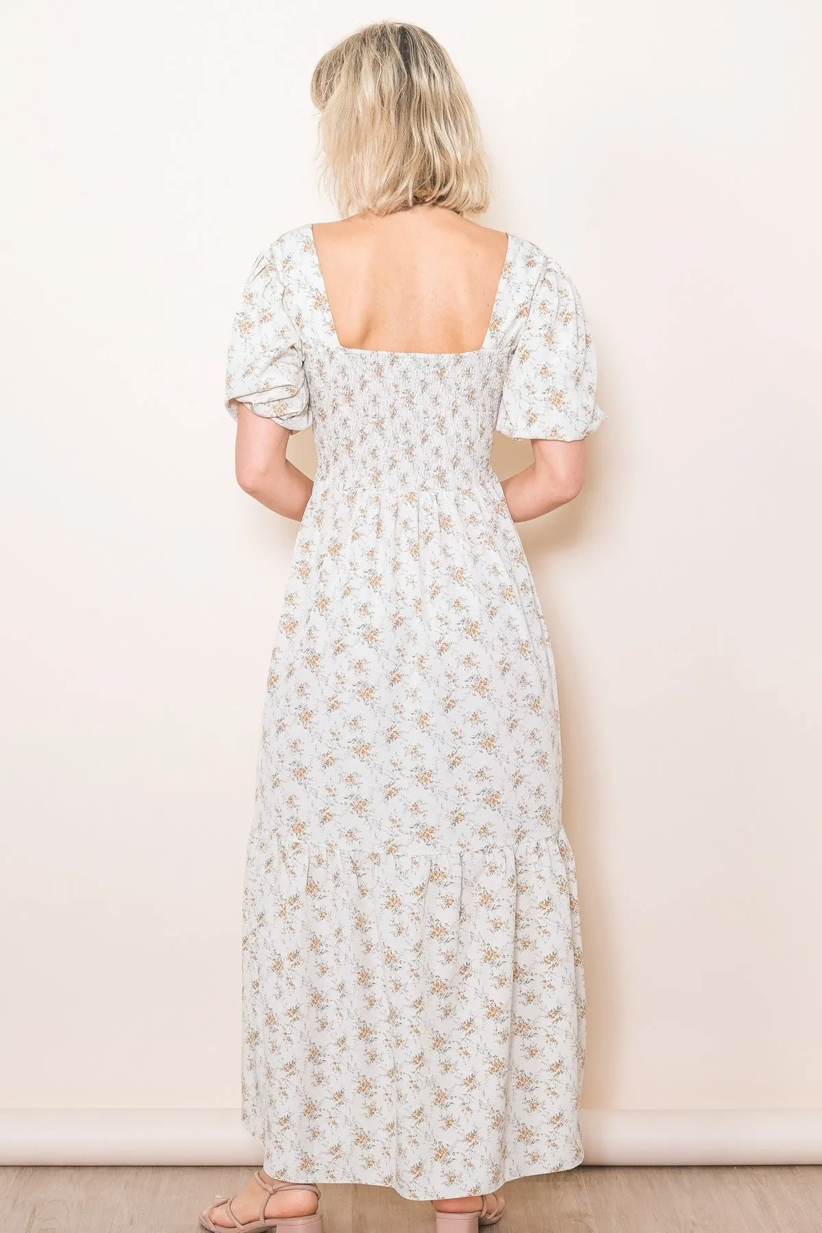Cream Floral Smocked Square Neck Short Puff Sleeve Midi Dress sold by Pinkblush product image thumbnail 3