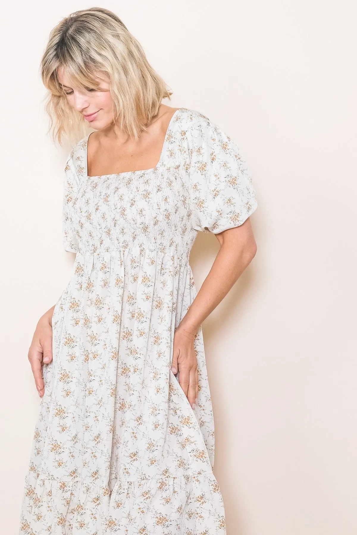 Cream Floral Smocked Square Neck Short Puff Sleeve Midi Dress sold by Pinkblush product image thumbnail 4
