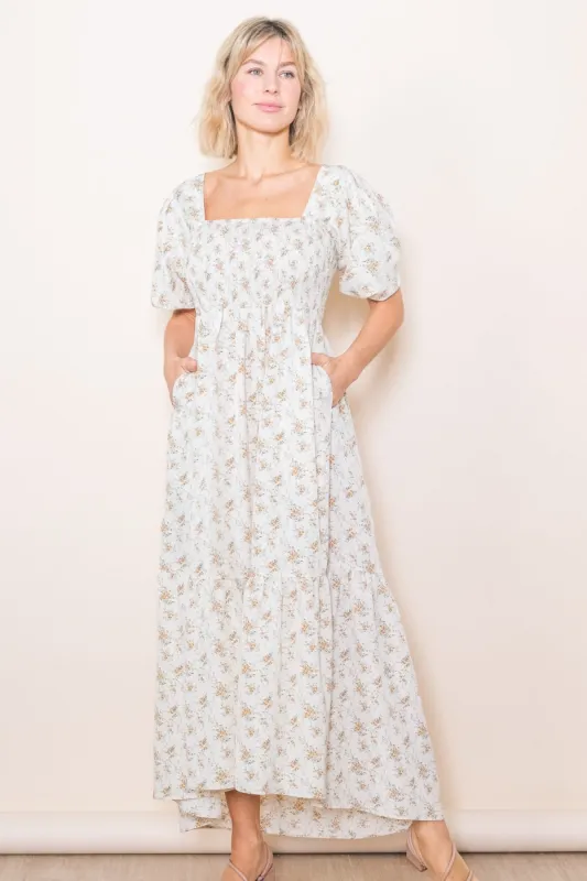 Cream Floral Smocked Square Neck Short Puff Sleeve Midi Dress sold by Pinkblush