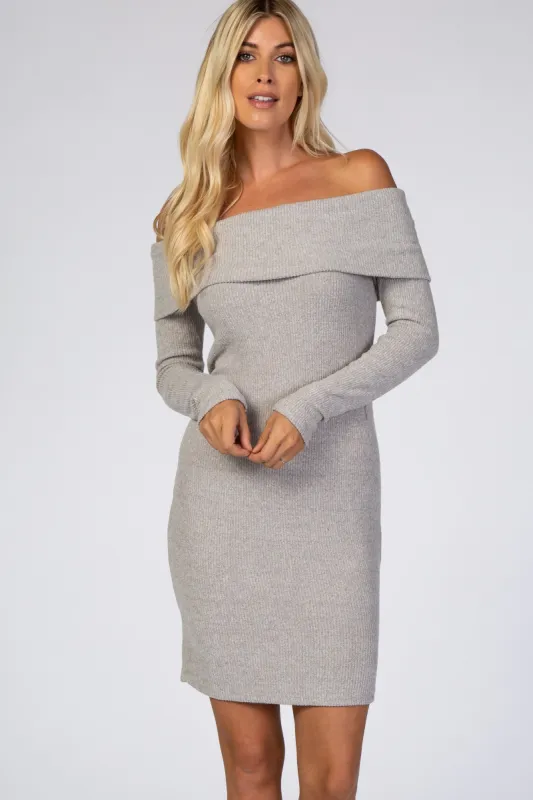 Heather Grey Soft Ribbed Folded Neck Off Shoulder Dress sold by Pinkblush