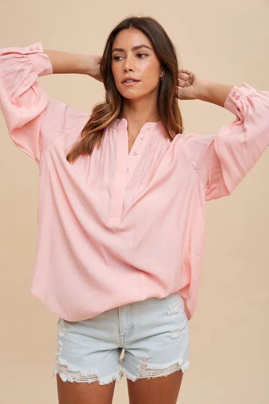 Peach Button Front Long Puff Sleeve Top sold by Pinkblush