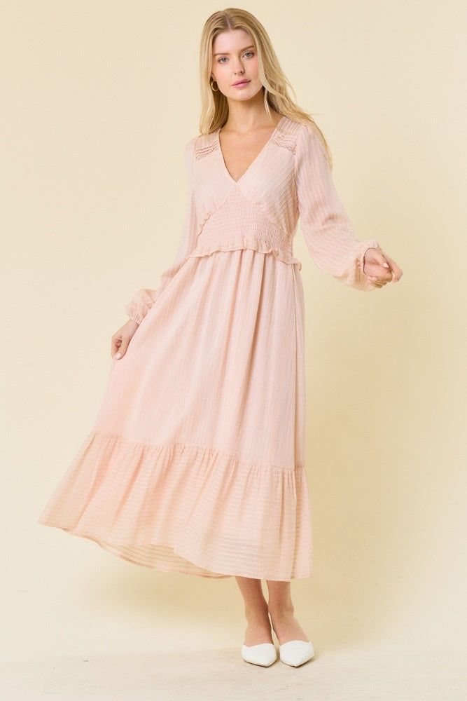 Blush V Neck Midi Dress With Smocked Waist sold by Pinkblush