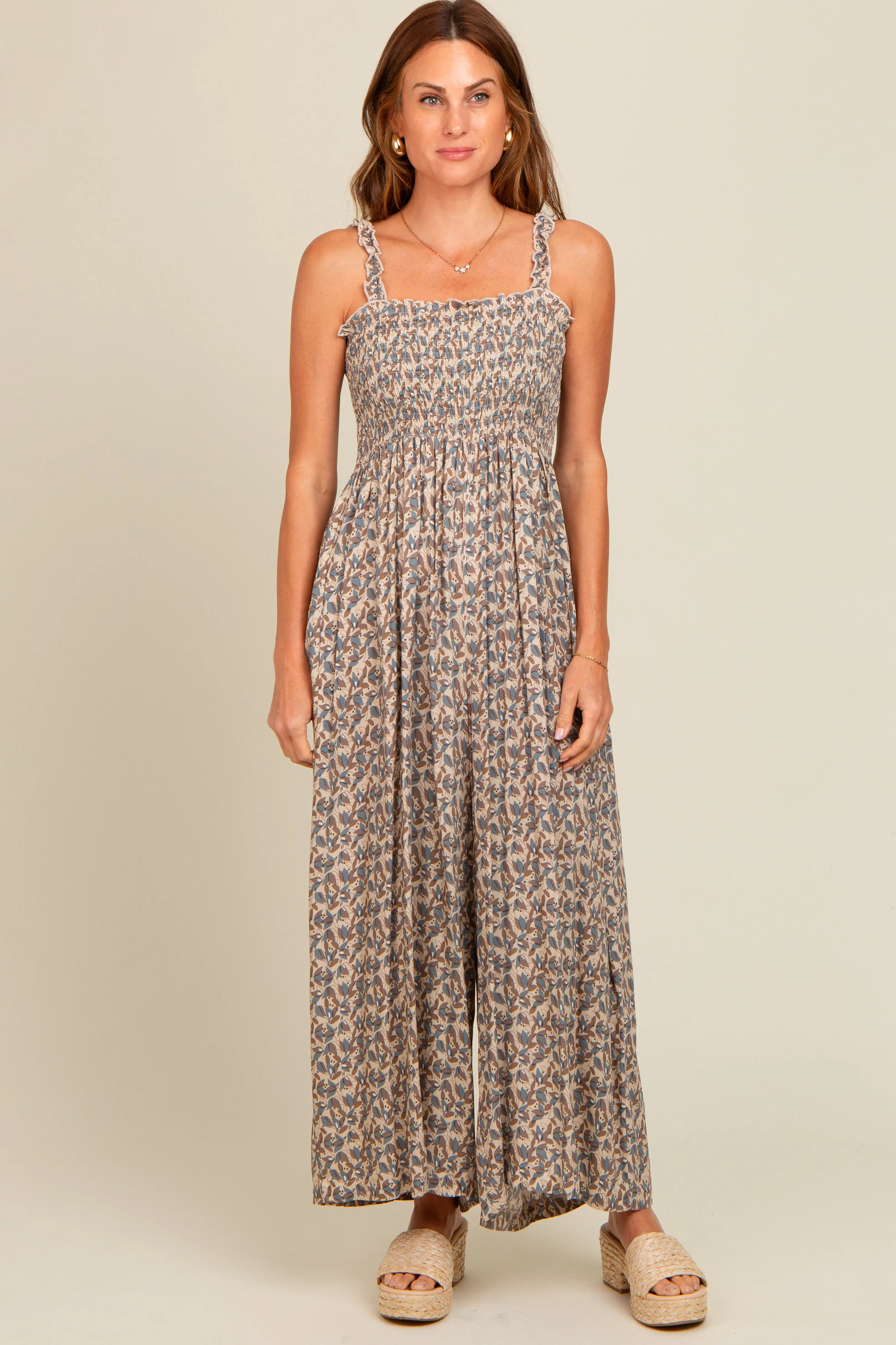 Taupe Printed Smocked Wide Leg Jumpsuit sold by Pinkblush