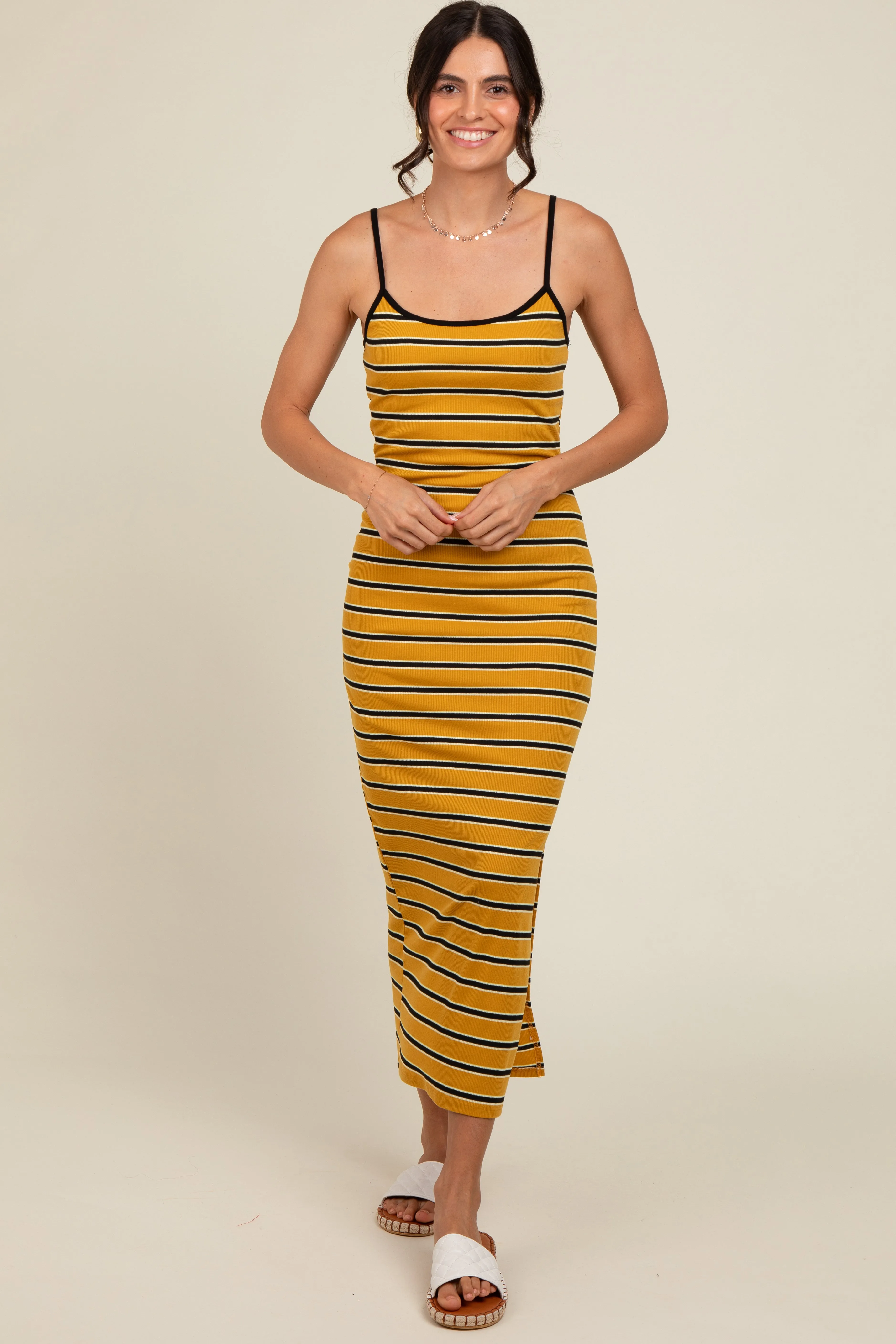 Yellow Striped Ribbed Side Slit Midi Dress sold by Pinkblush product image thumbnail 3