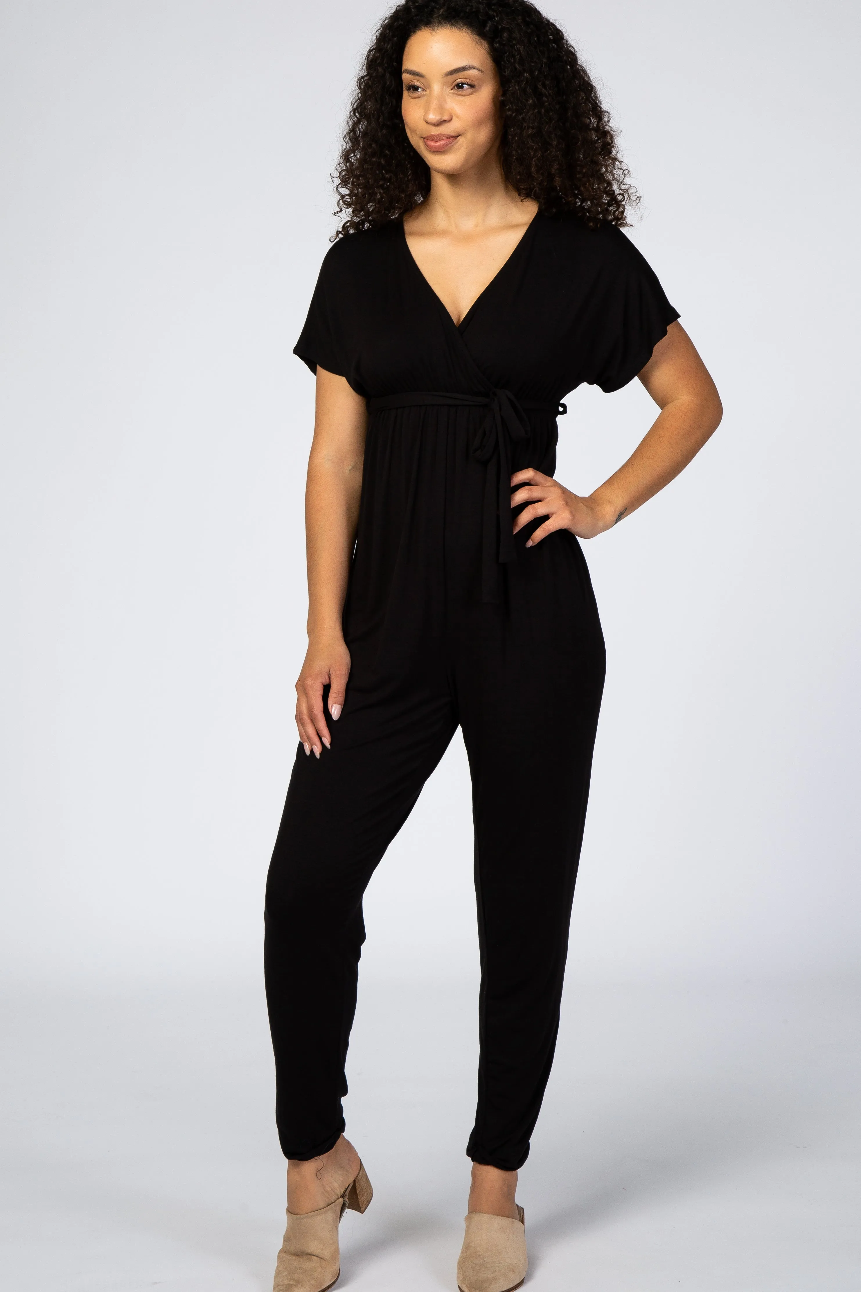 Black Wrap Tie Jumpsuit sold by Pinkblush