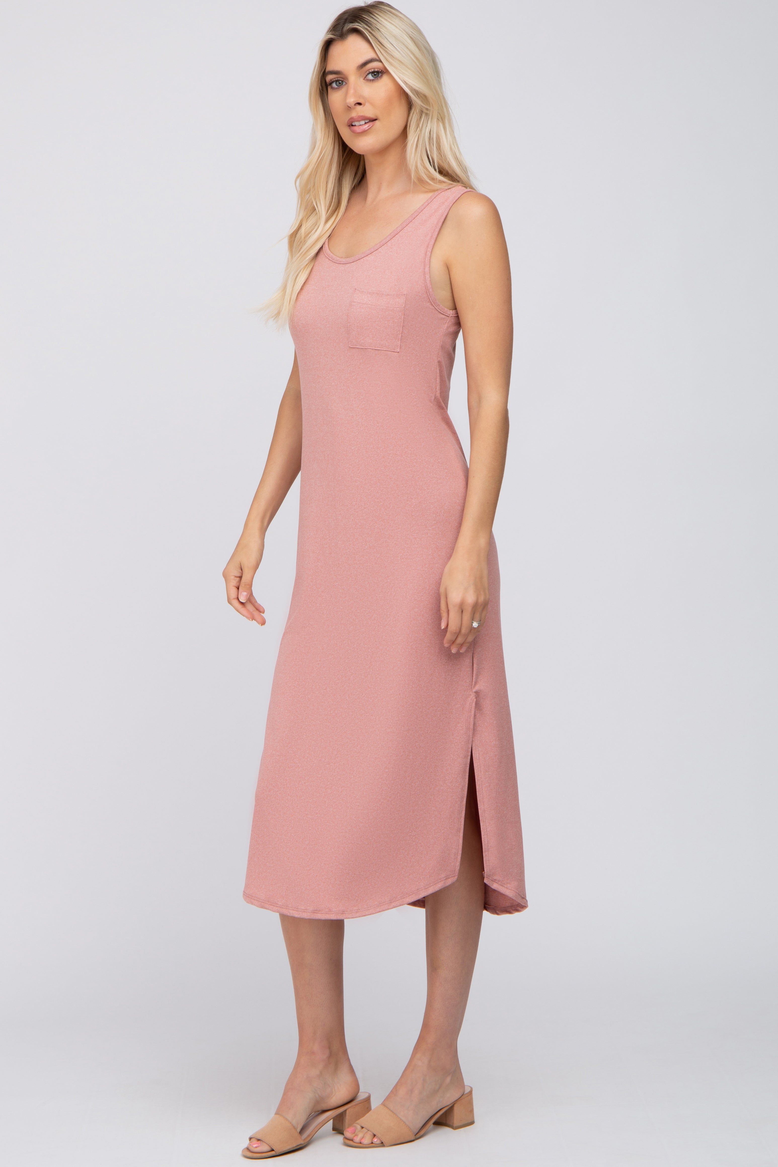 Mauve Heathered Sleeveless Pocket Front Midi Dress sold by Pinkblush product image thumbnail 2