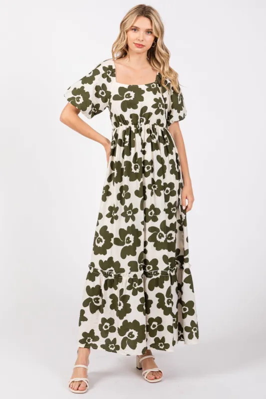 Olive Floral Puff Sleeve Maxi Dress sold by Pinkblush