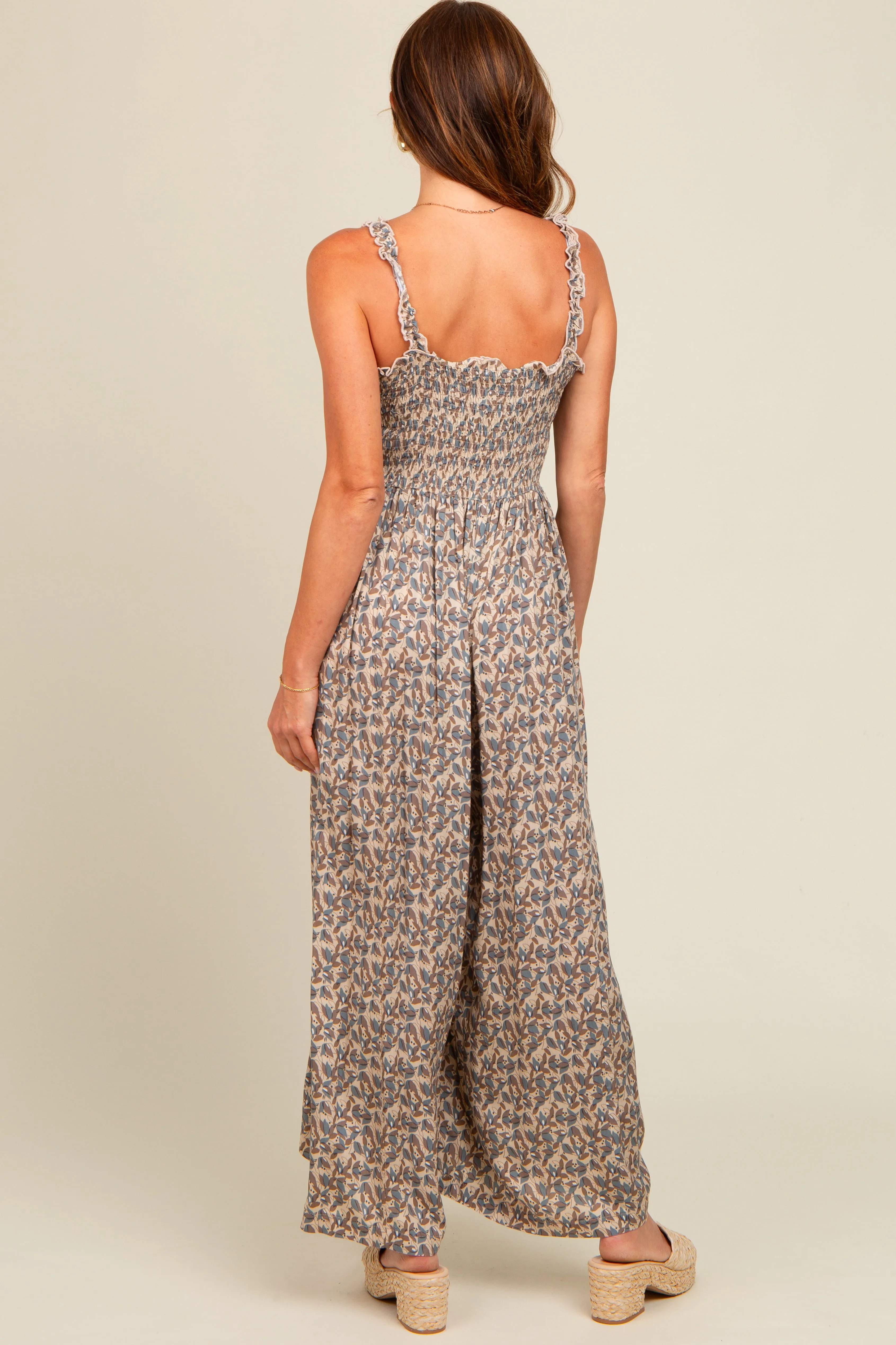 Taupe Printed Smocked Wide Leg Jumpsuit sold by Pinkblush product image thumbnail 4