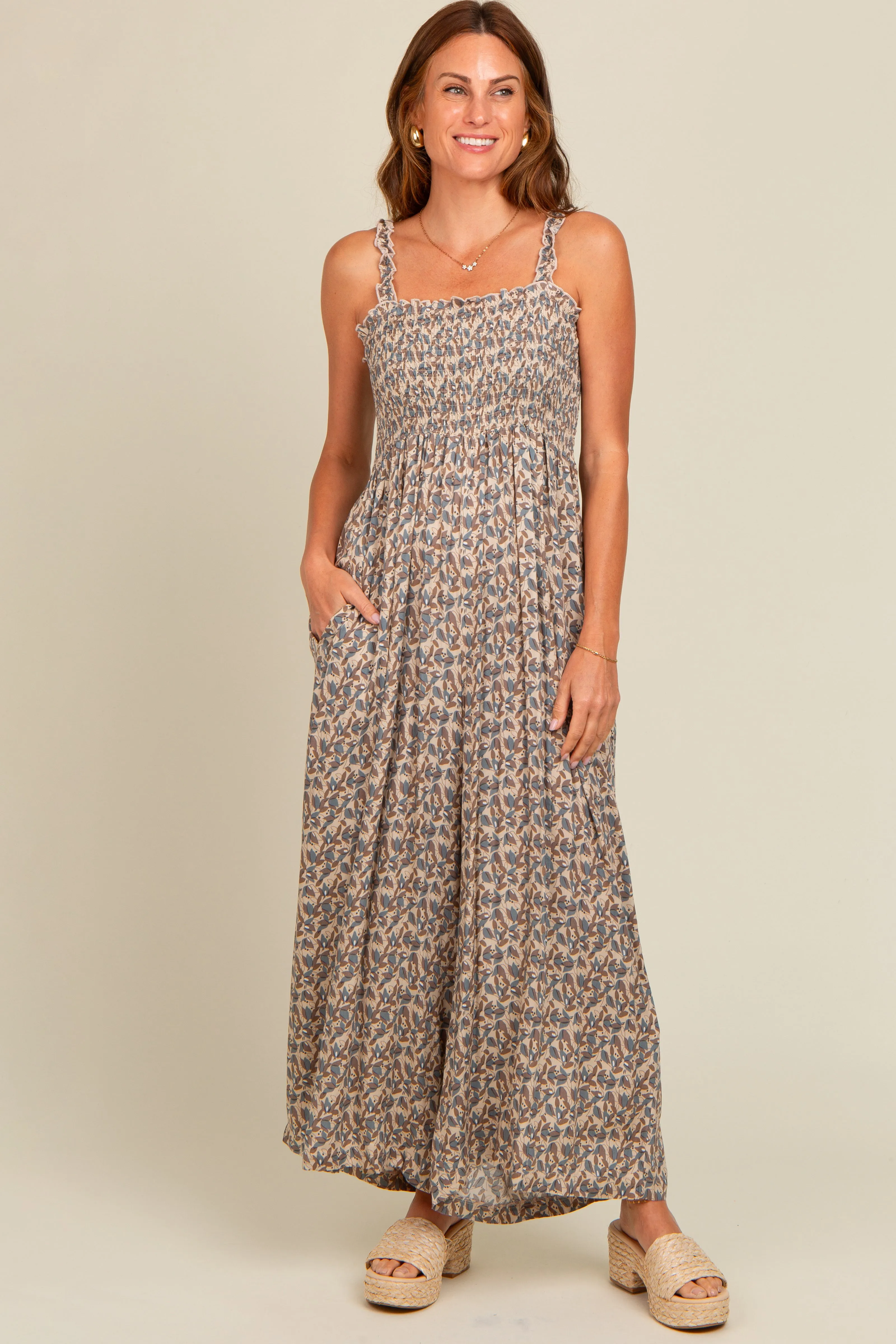 Taupe Printed Smocked Wide Leg Jumpsuit sold by Pinkblush product image thumbnail 2