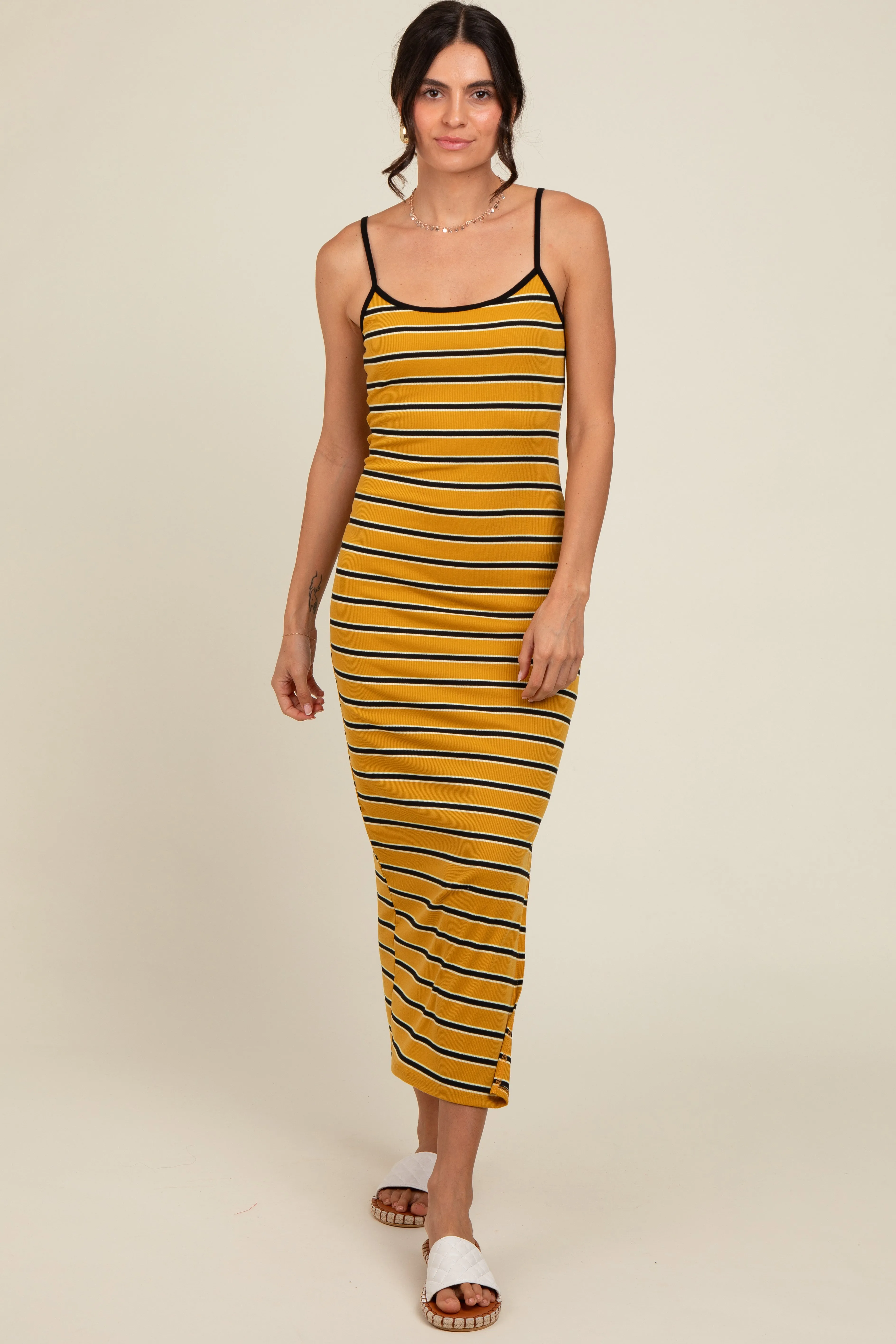 Yellow Striped Ribbed Side Slit Midi Dress sold by Pinkblush product image thumbnail 4