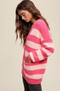 Pink Striped Fuzzy Cardigan sold by Pinkblush