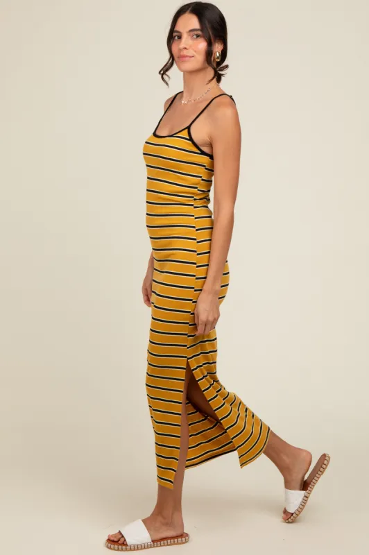 Yellow Striped Ribbed Side Slit Midi Dress sold by Pinkblush