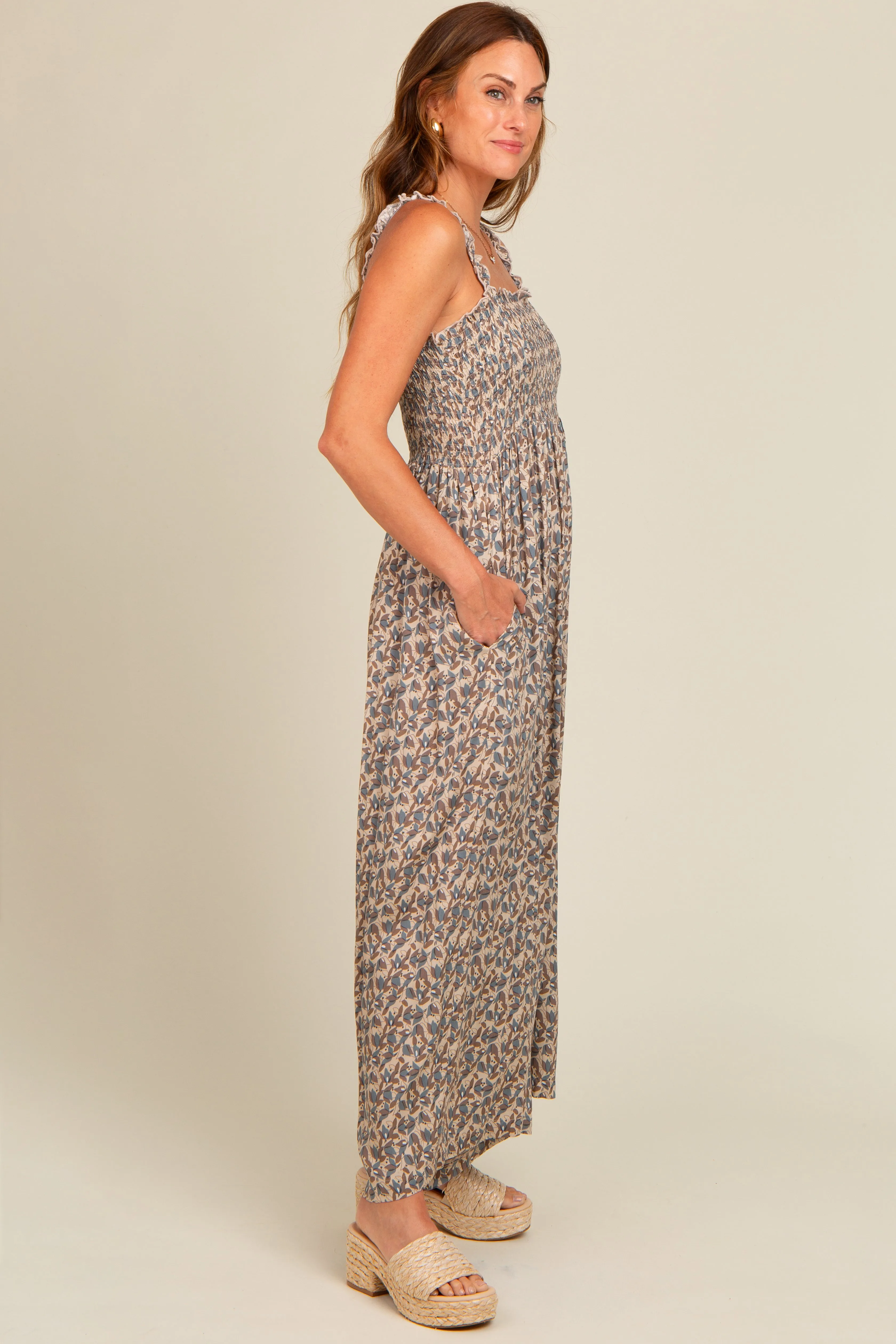 Taupe Printed Smocked Wide Leg Jumpsuit sold by Pinkblush product image thumbnail 3