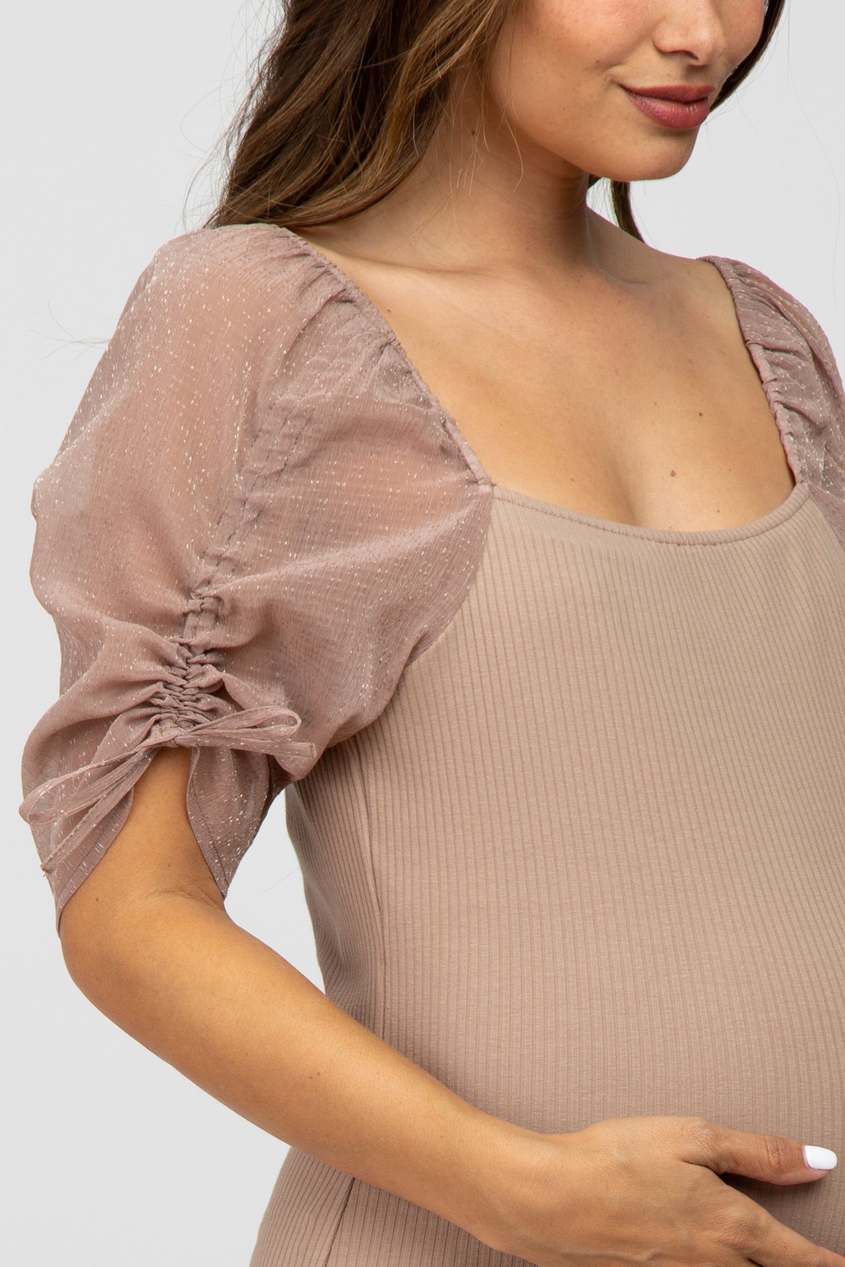 Mocha Ruched Sleeve Maternity Midi Dress sold by Pinkblush product image thumbnail 5