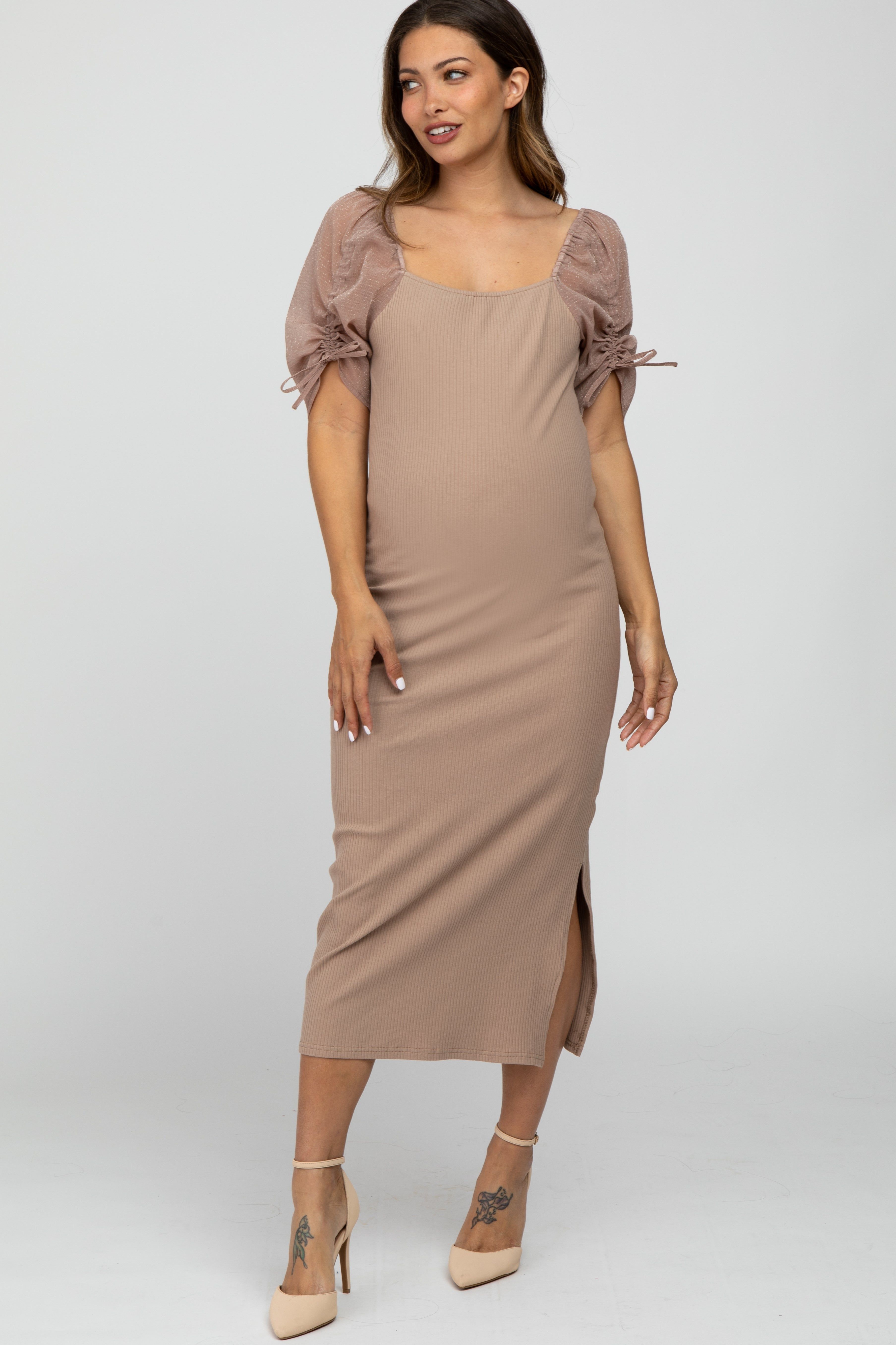 Mocha Ruched Sleeve Maternity Midi Dress sold by Pinkblush product image thumbnail 2