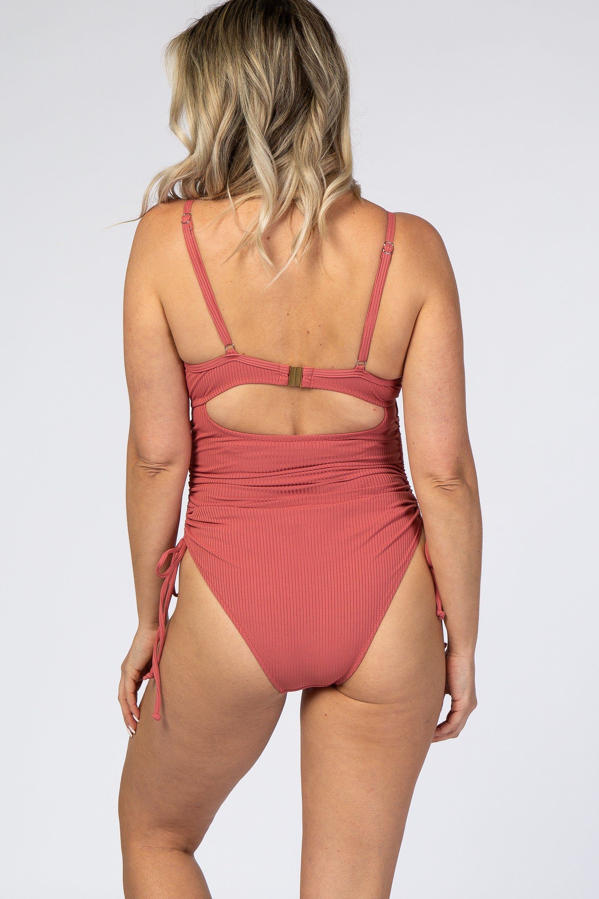 Mauve Ribbed Side Tie One-Piece Maternity Swimsuit sold by Pinkblush product image thumbnail 3