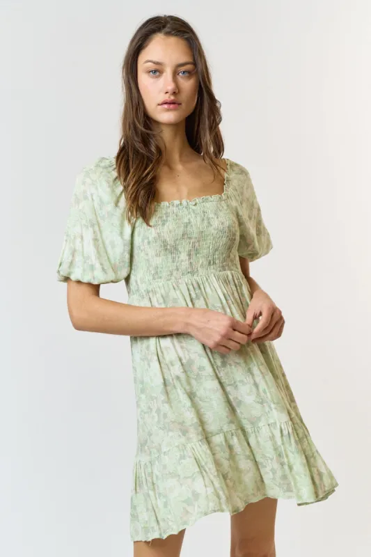Light Olive Floral Smocked Square Neck Dress sold by Pinkblush