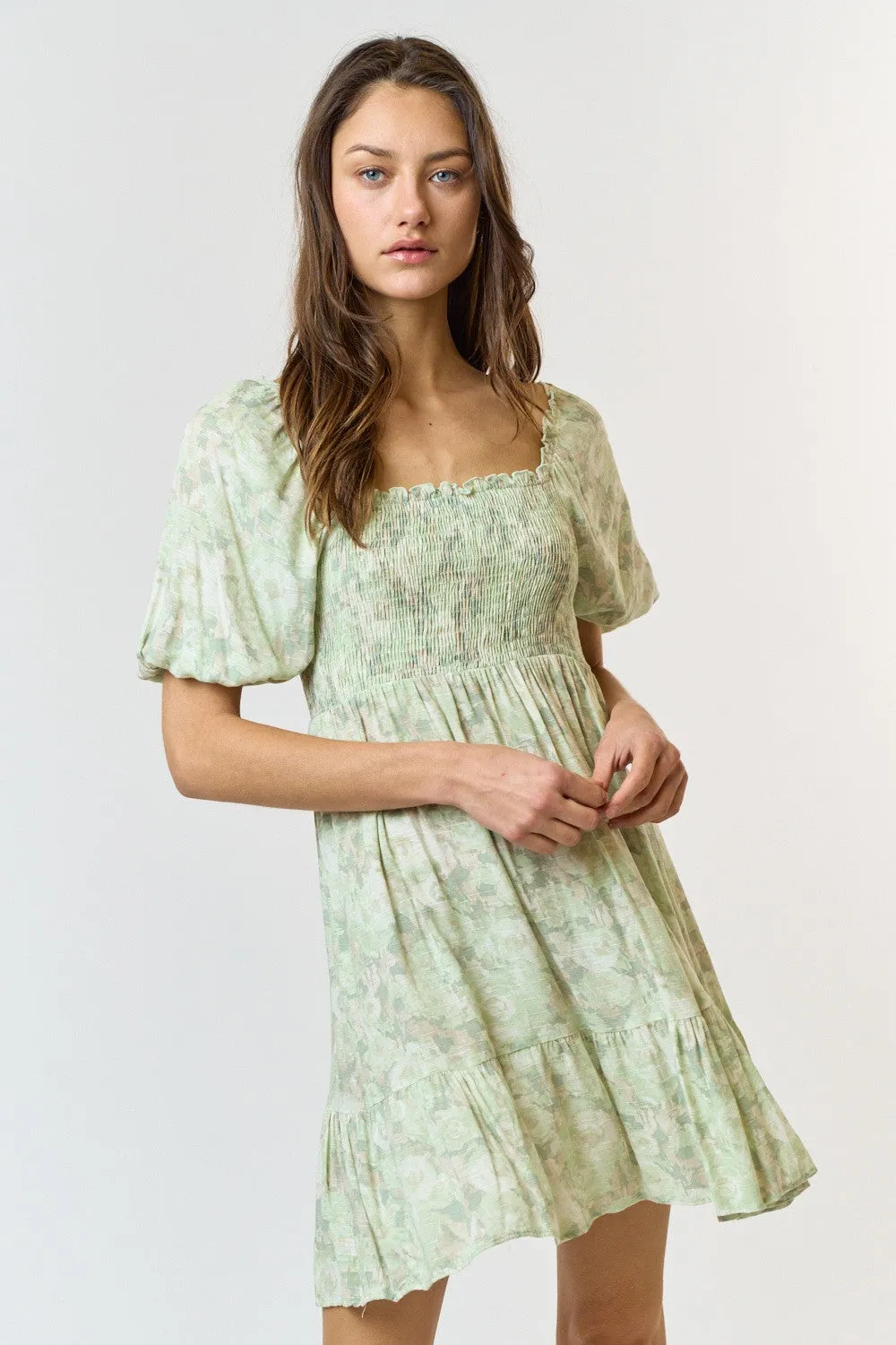 Light Olive Floral Smocked Square Neck Dress sold by Pinkblush