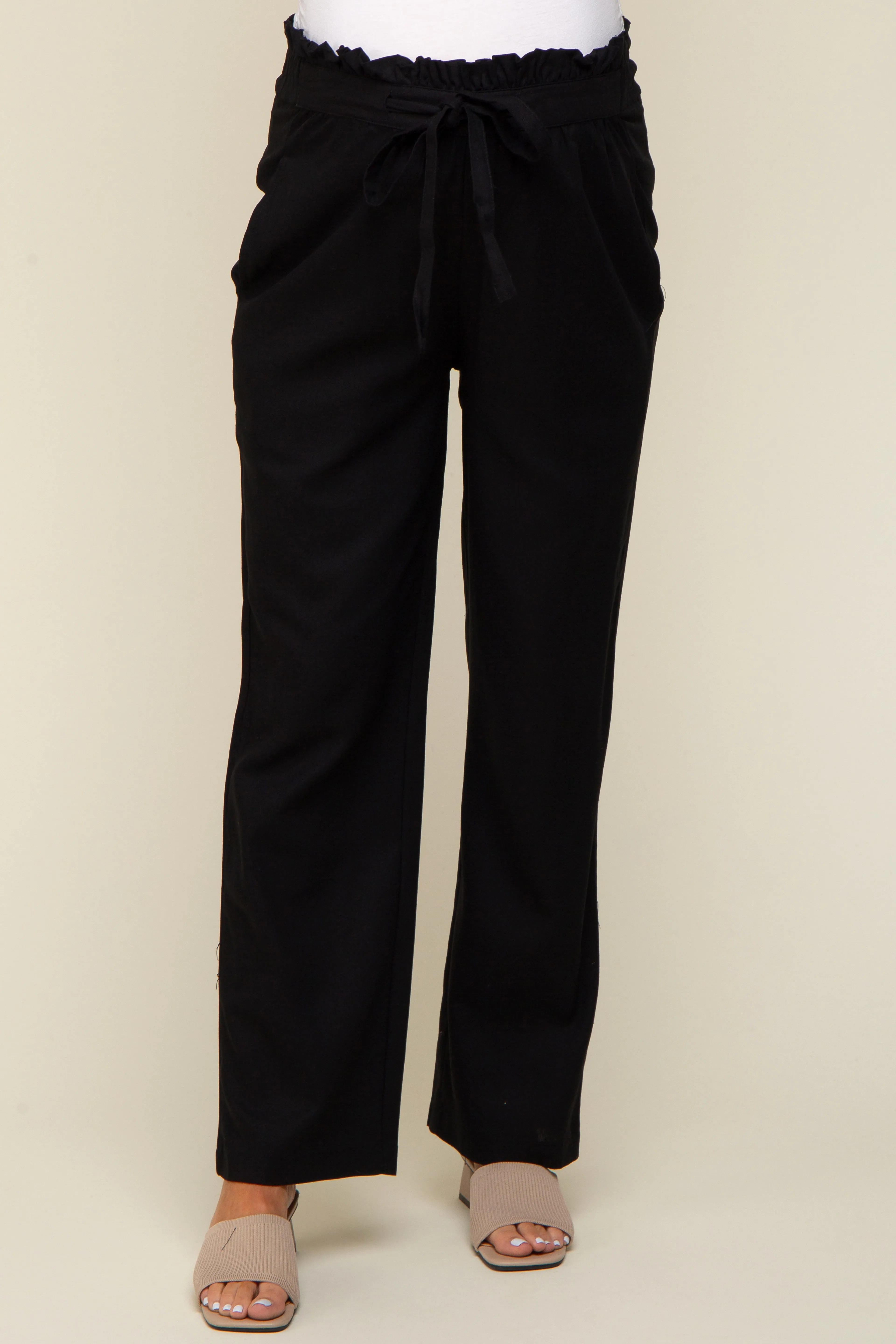 Black Ruffle Tie Waist Linen Maternity Pants sold by Pinkblush product image thumbnail 2