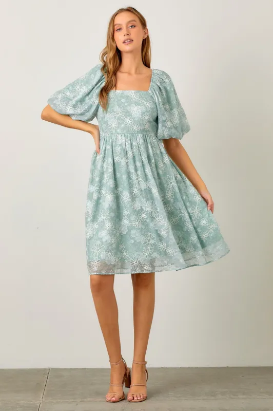Mint Green Floral Embroidered Short Puff Sleeve Dress sold by Pinkblush