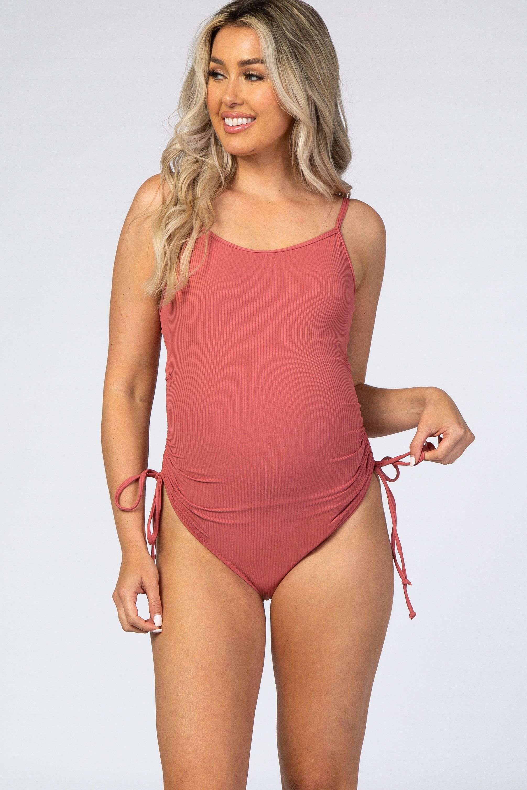 Mauve Ribbed Side Tie One-Piece Maternity Swimsuit sold by Pinkblush product image thumbnail 4