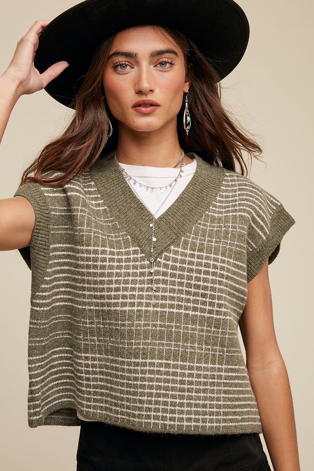 Olive Plaid V-Neck Cropped Sweater Vest sold by Pinkblush