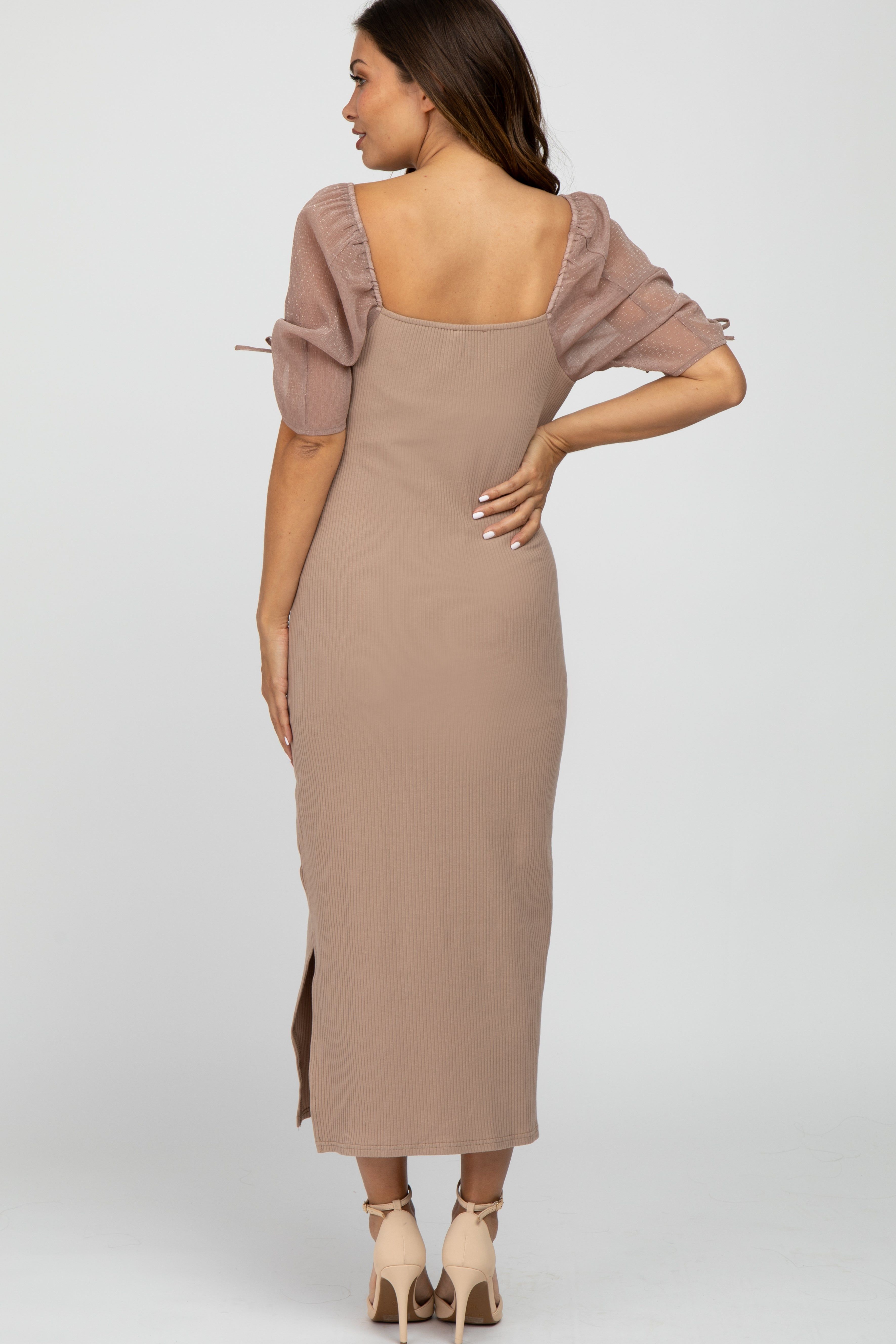 Mocha Ruched Sleeve Maternity Midi Dress sold by Pinkblush product image thumbnail 4