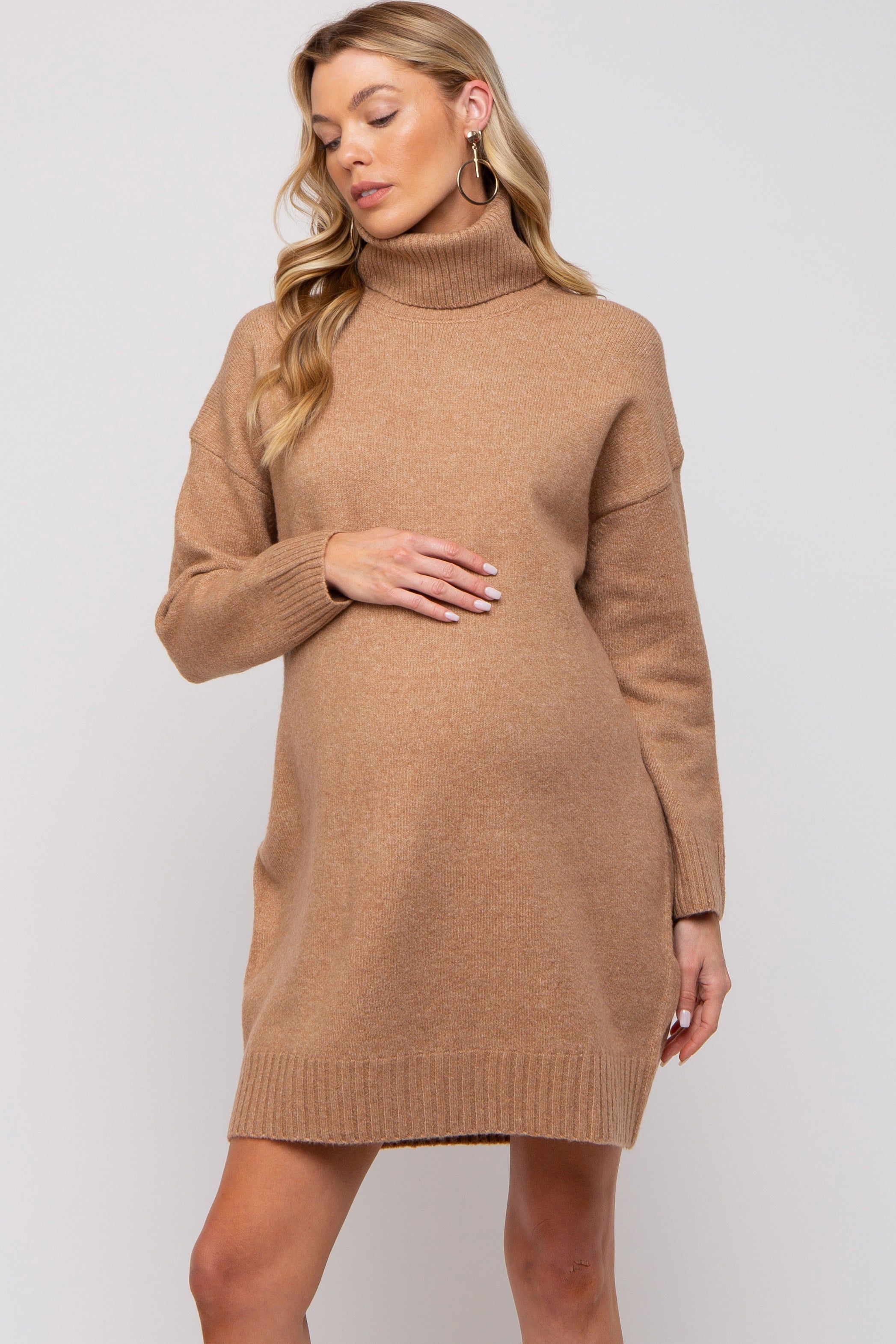 Camel Turtleneck Maternity Sweater Mini Dress sold by Pinkblush
