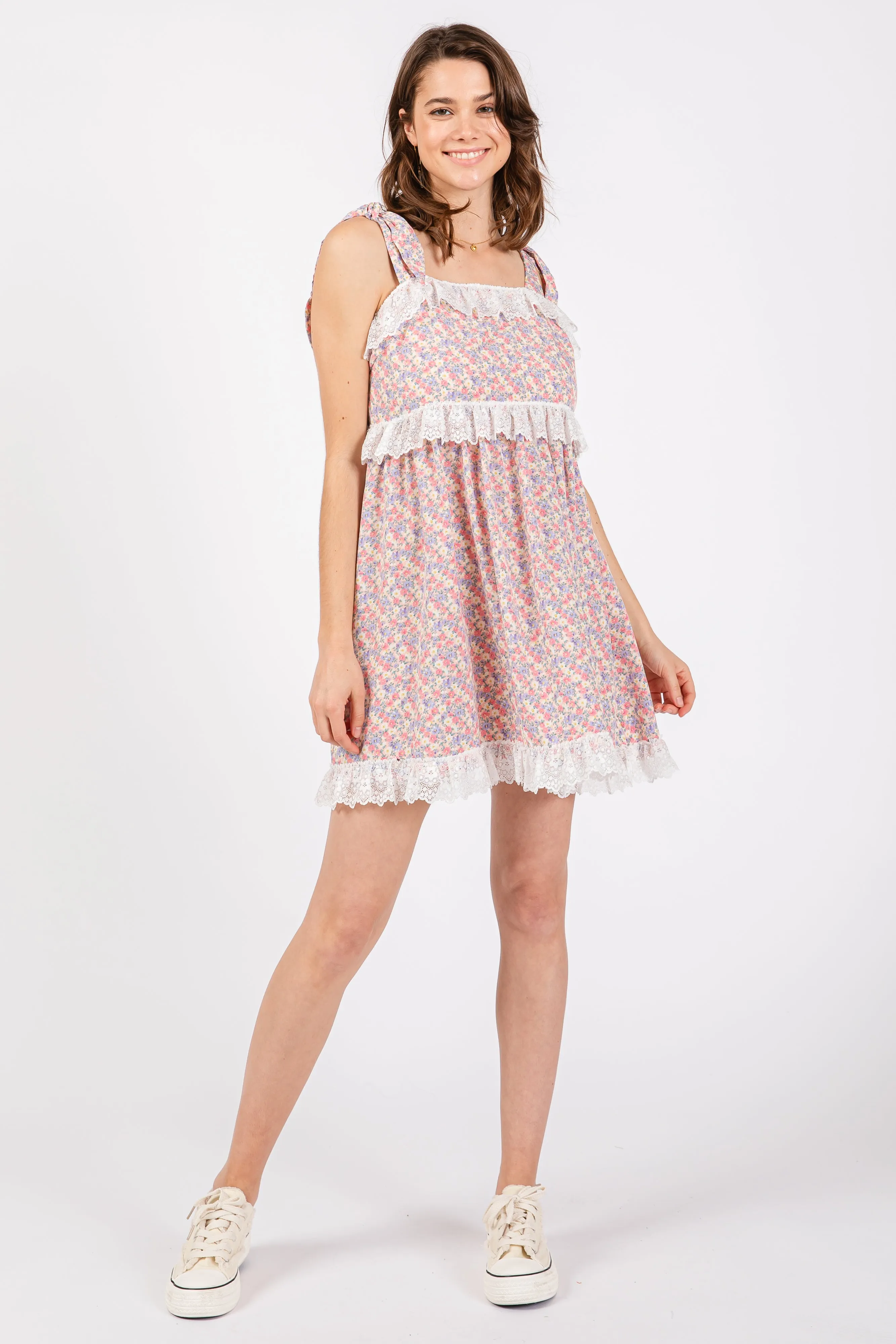 Black Floral Square Neck Shoulder Tie Lace Trim Dress sold by Pinkblush product image thumbnail 4