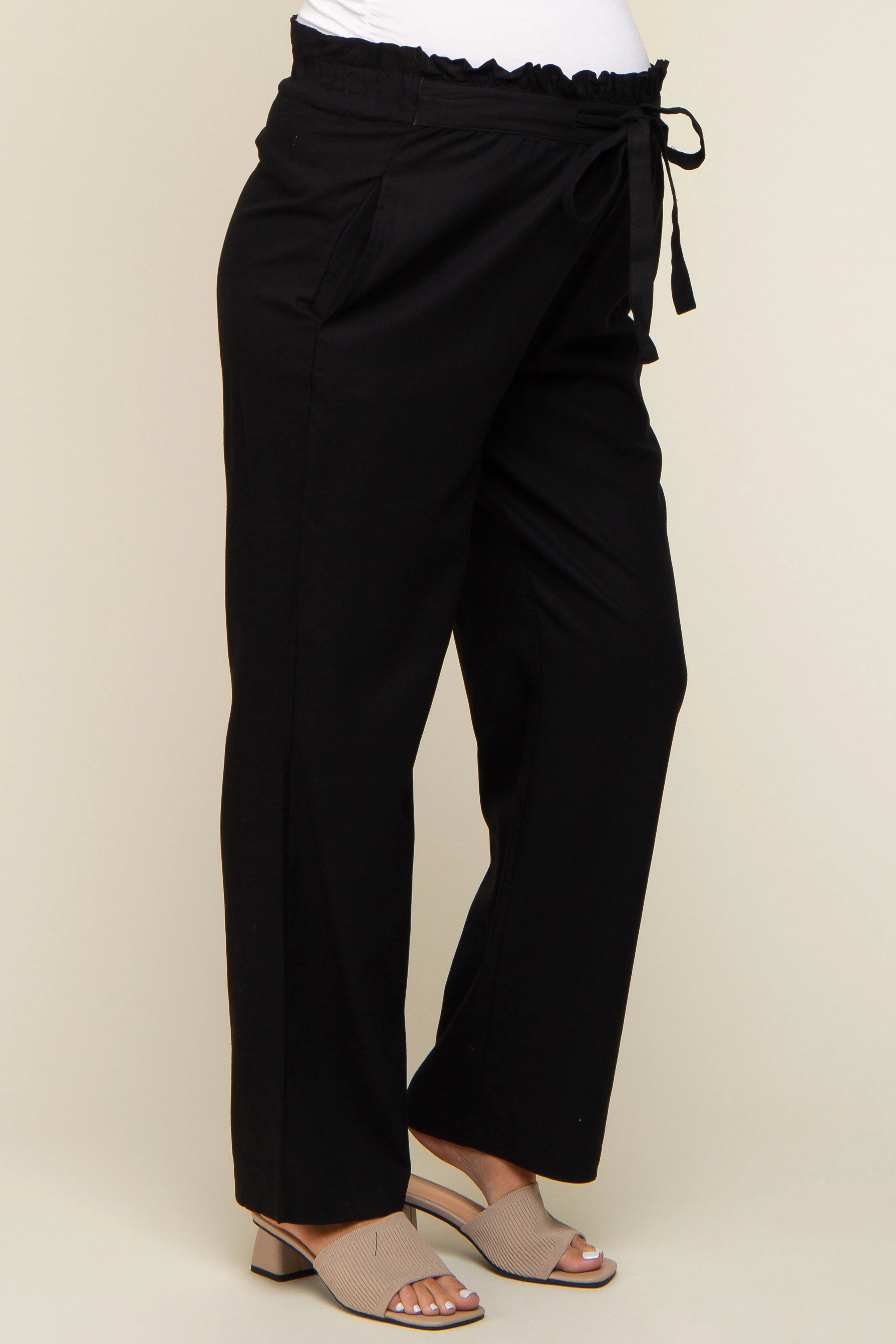 Black Ruffle Tie Waist Linen Maternity Pants sold by Pinkblush product image thumbnail 3
