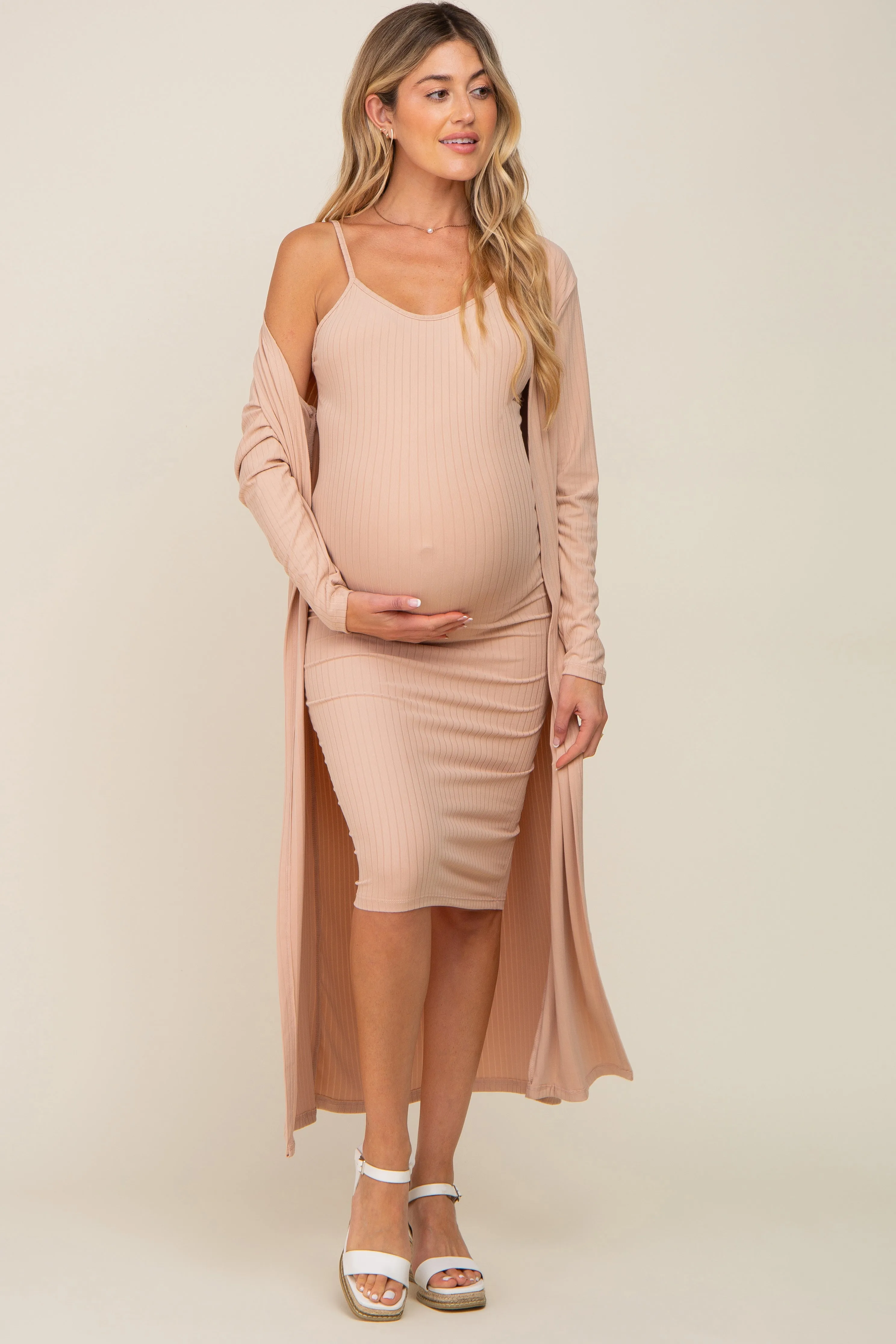 Beige Ribbed Cardigan 2 Piece Maternity Set sold by Pinkblush