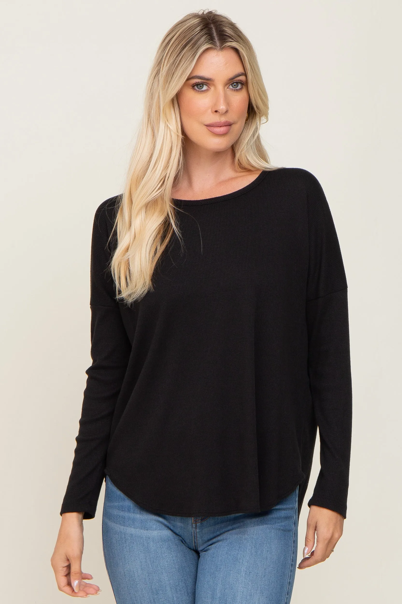 Black Waffle Knit Curved Hem Long Sleeve Maternity Top sold by Pinkblush product image thumbnail 5