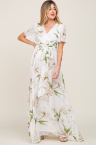 White Floral Chiffon Wrap Front Short Sleeve Maternity Maxi Dress sold by Pinkblush