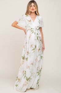 White Floral Chiffon Wrap Front Short Sleeve Maternity Maxi Dress sold by Pinkblush