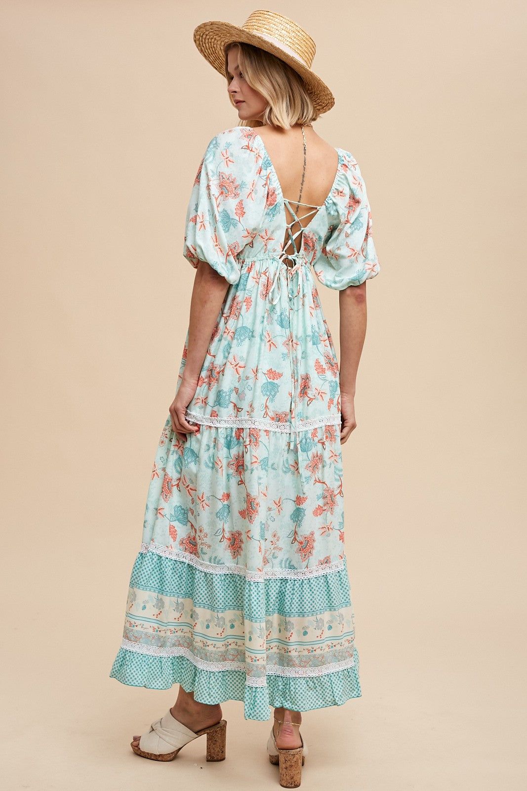Mint Green Floral Gingham Lace Up Back Maxi Dress sold by Pinkblush product image thumbnail 3