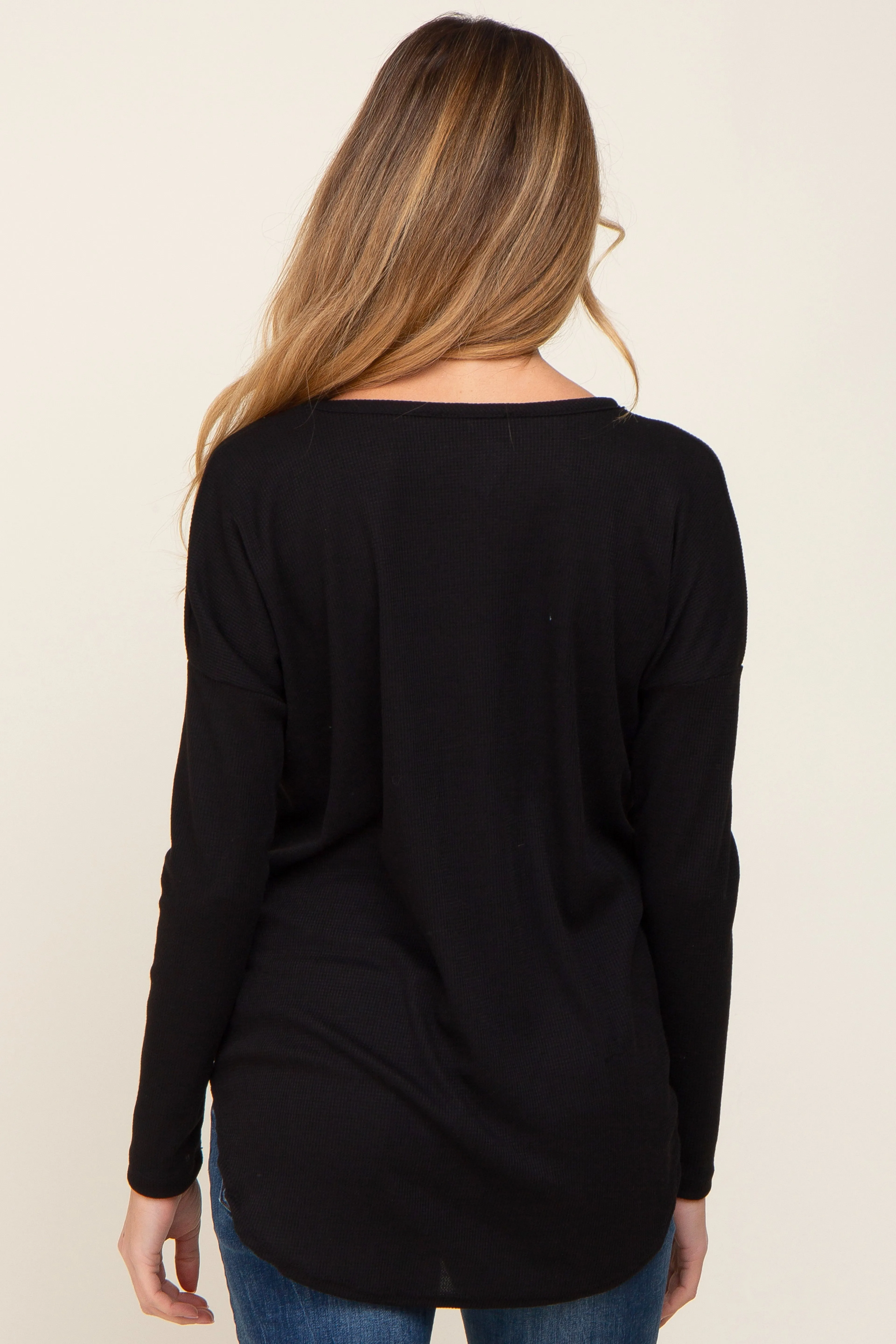 Black Waffle Knit Curved Hem Long Sleeve Maternity Top sold by Pinkblush product image thumbnail 3