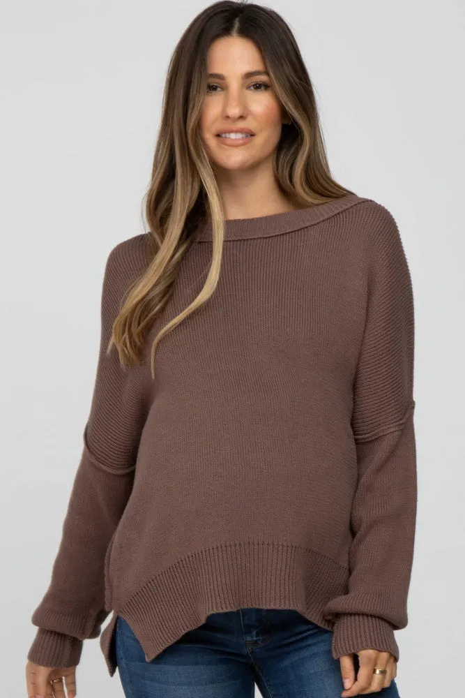 Brown Exposed Seam Side Slit Maternity Sweater sold by Pinkblush
