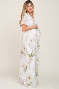 White Floral Chiffon Wrap Front Short Sleeve Maternity Maxi Dress sold by Pinkblush