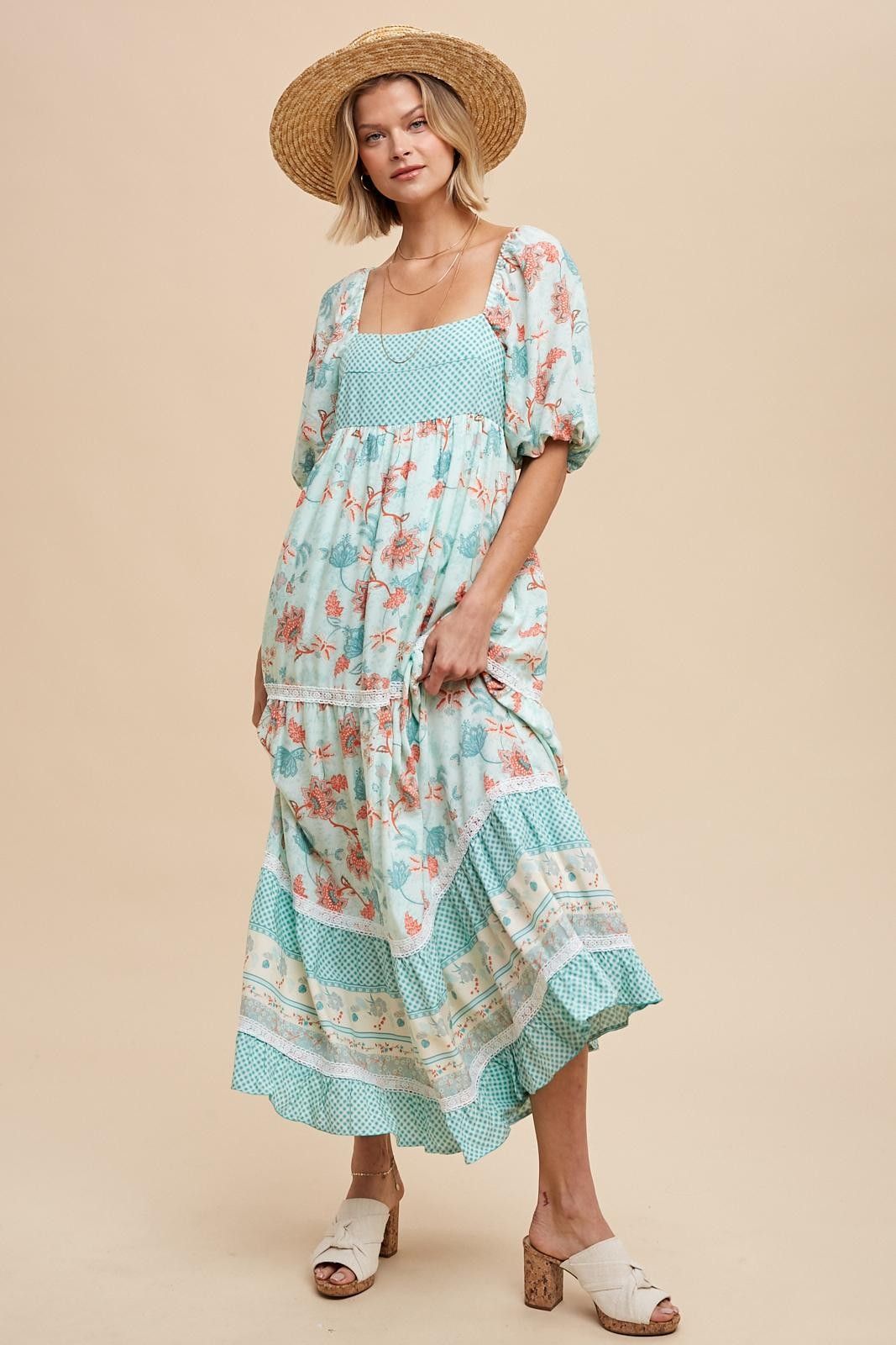Mint Green Floral Gingham Lace Up Back Maxi Dress sold by Pinkblush