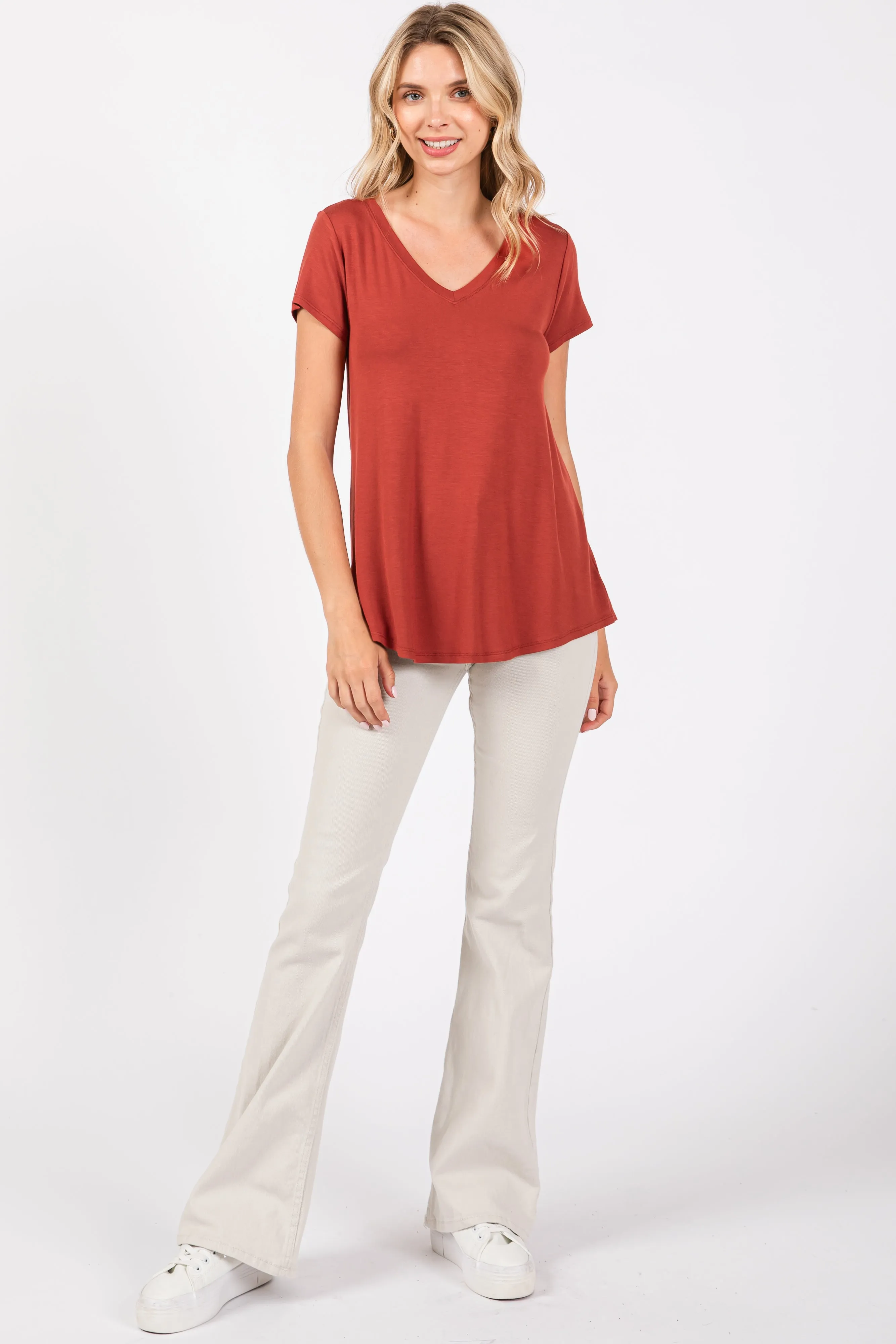 Rust Basic V-Neck Short Sleeve Top sold by Pinkblush product image thumbnail 4