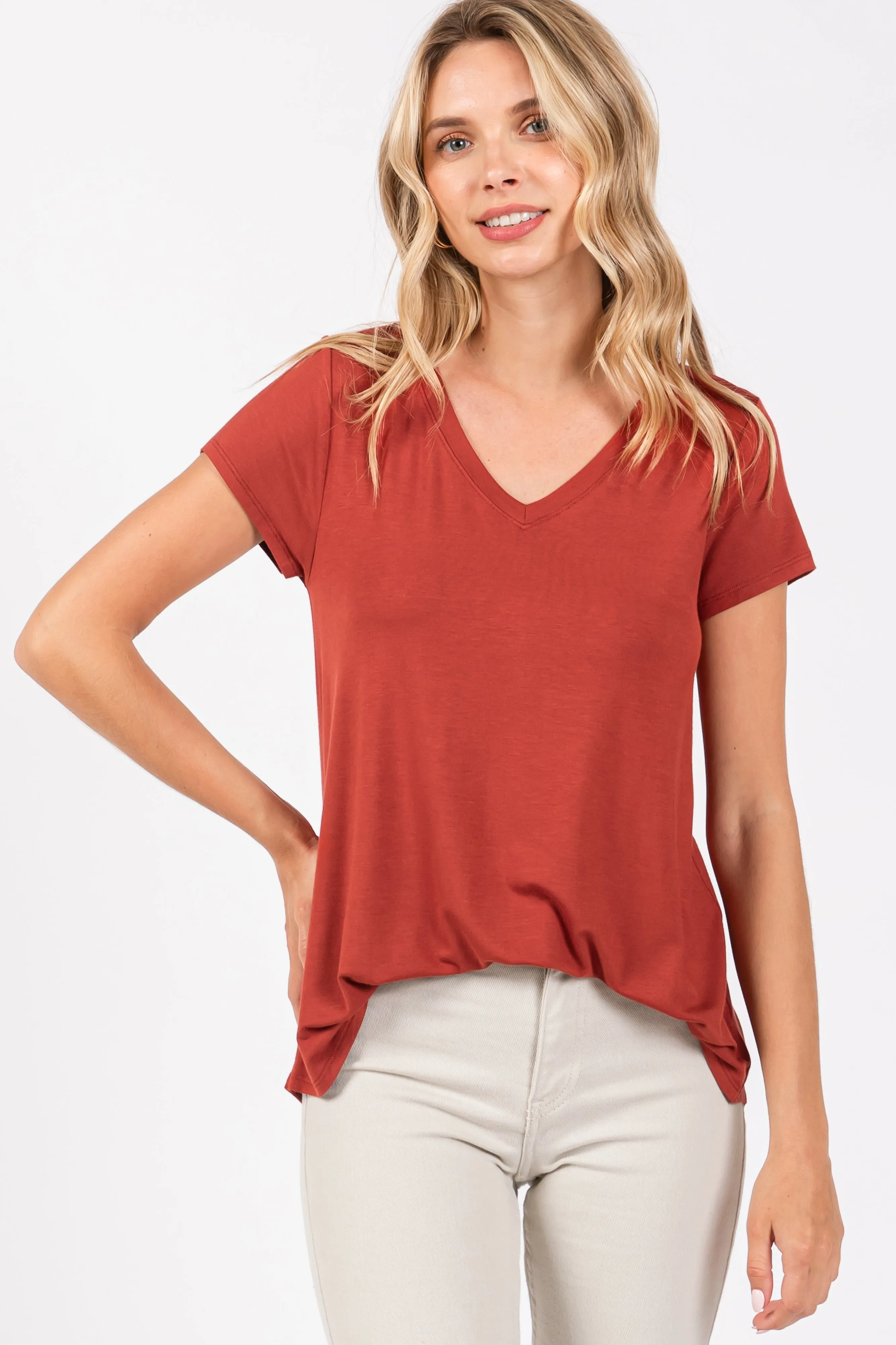 Rust Basic V-Neck Short Sleeve Top sold by Pinkblush