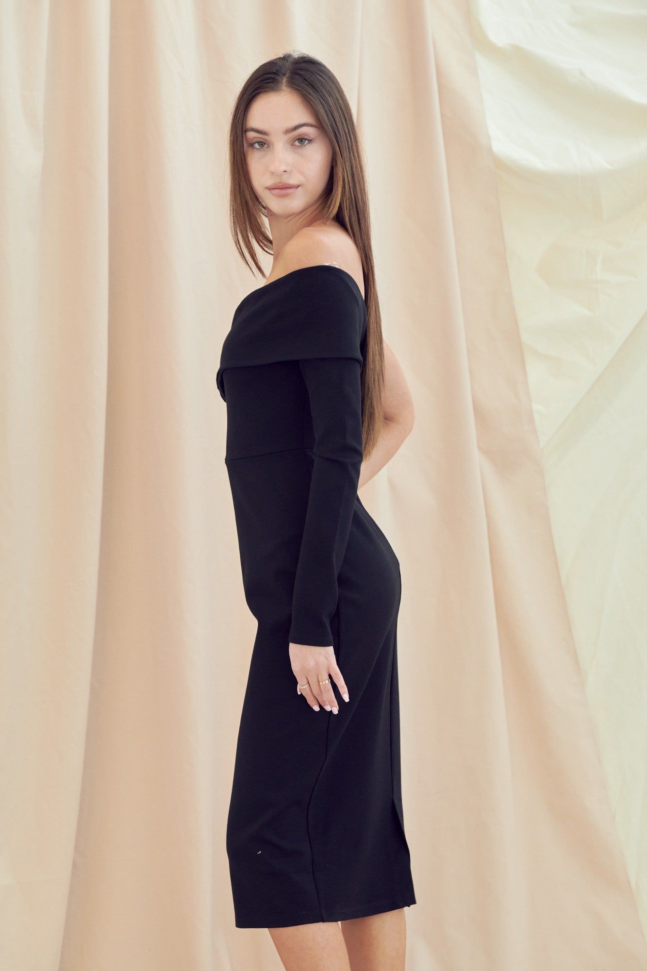 Black One Shoulder Long Sleeve Bodycon Knee Length Dress sold by Pinkblush product image thumbnail 2