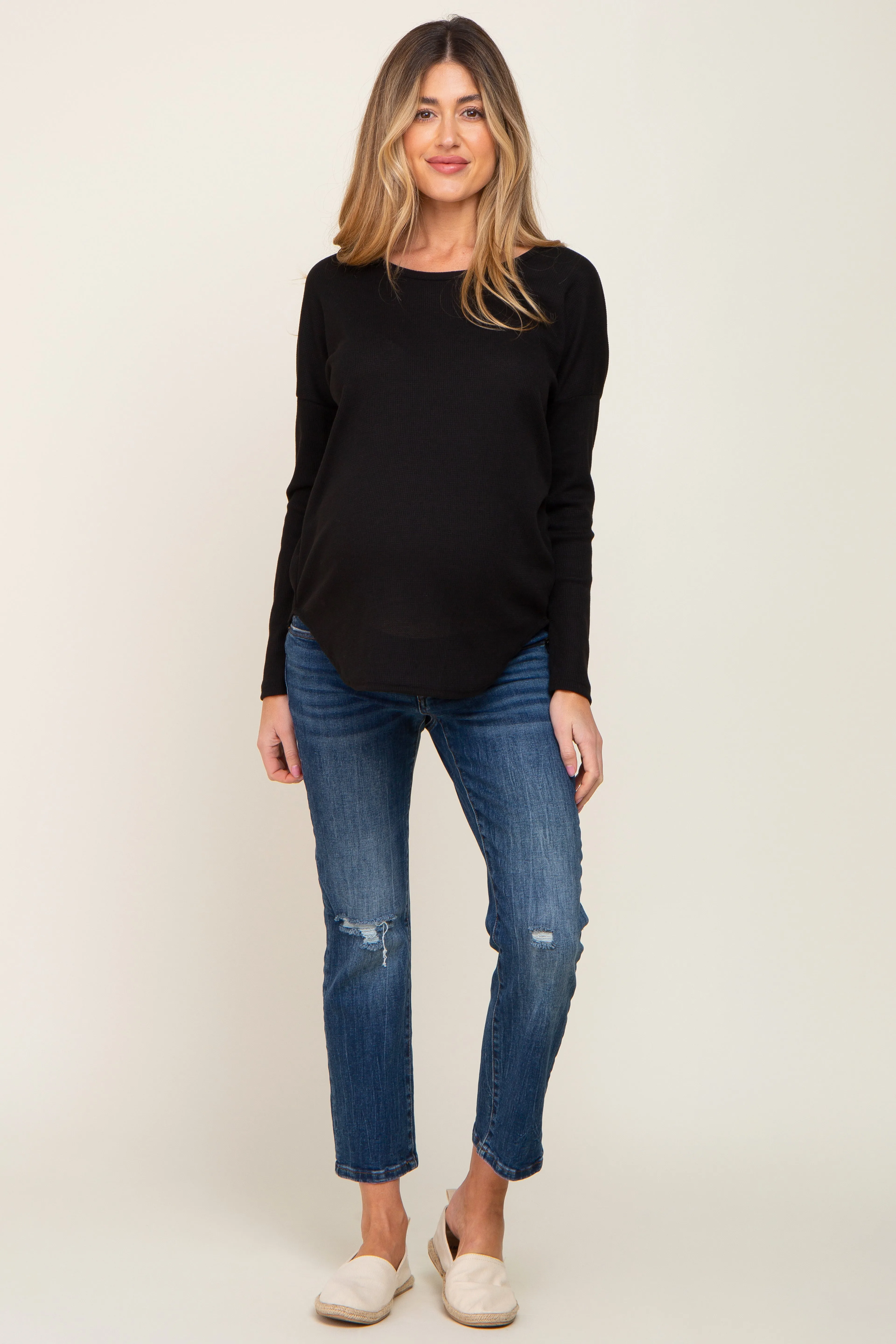 Black Waffle Knit Curved Hem Long Sleeve Maternity Top sold by Pinkblush product image thumbnail 4