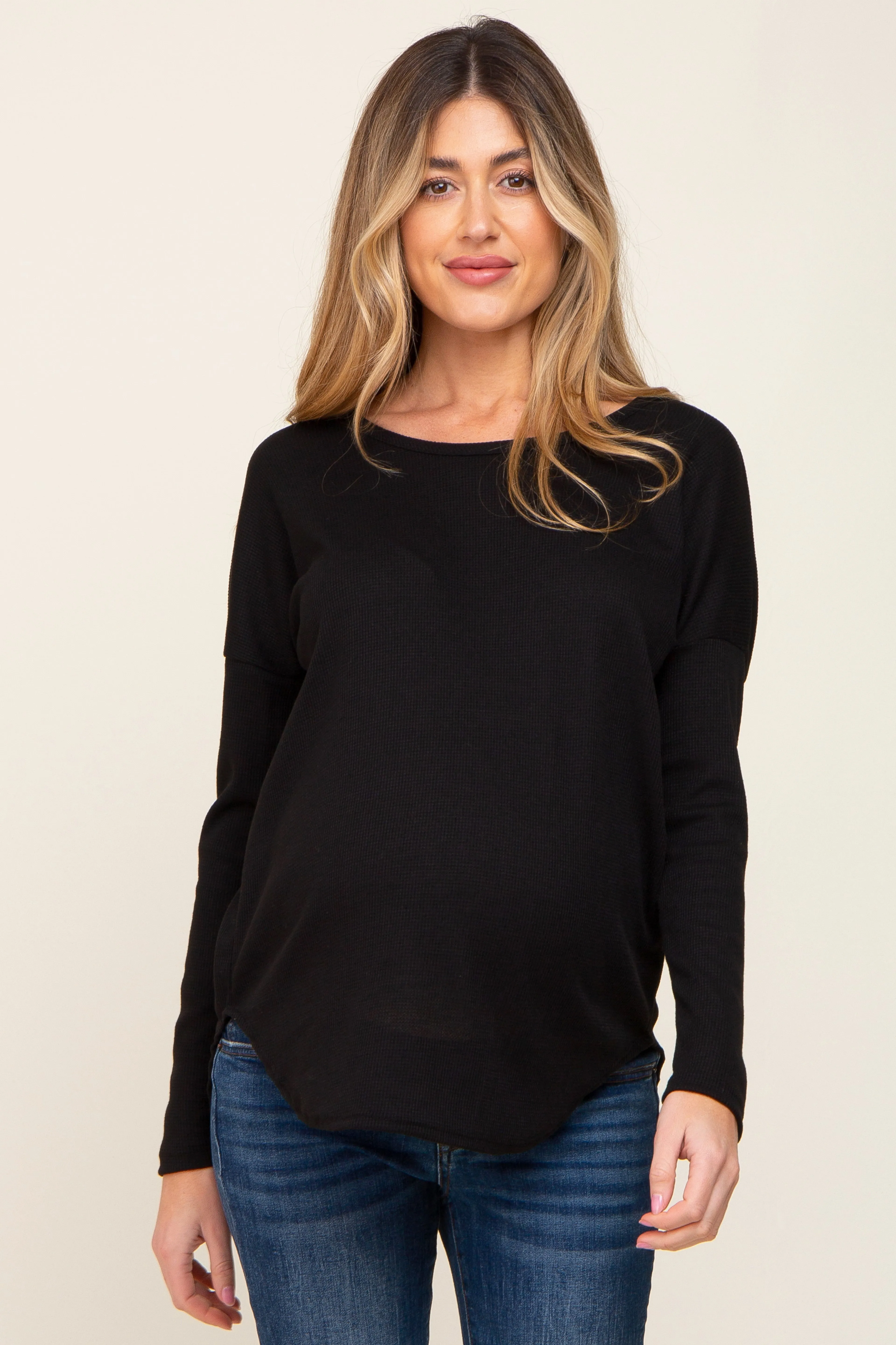 Black Waffle Knit Curved Hem Long Sleeve Maternity Top sold by Pinkblush