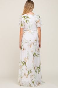 White Floral Chiffon Wrap Front Short Sleeve Maternity Maxi Dress sold by Pinkblush