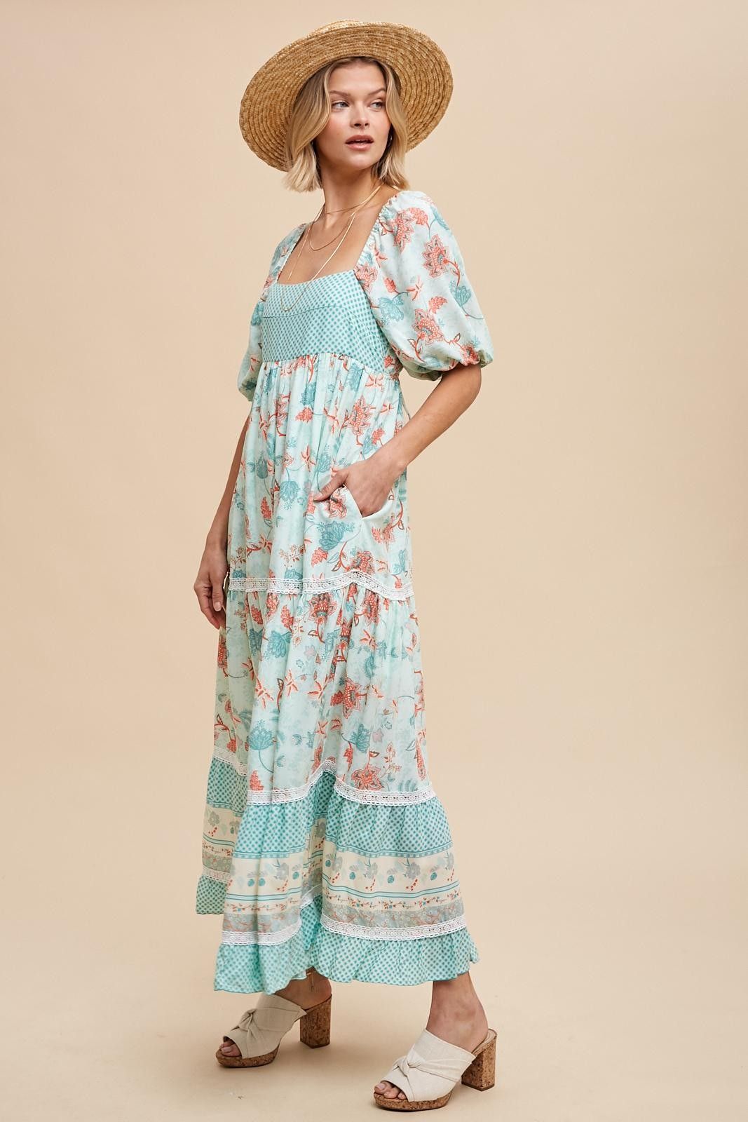 Mint Green Floral Gingham Lace Up Back Maxi Dress sold by Pinkblush product image thumbnail 2